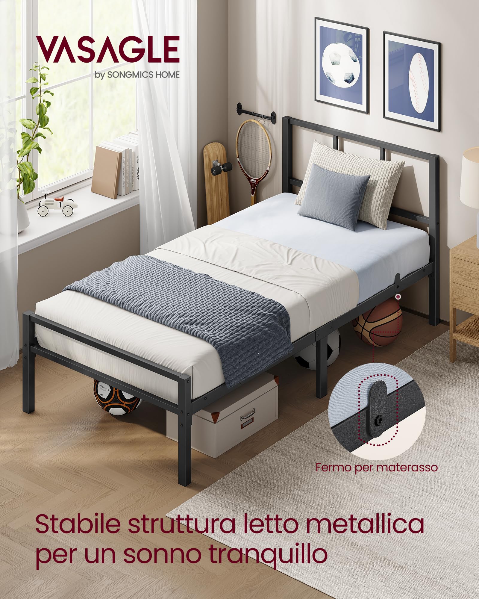 VASAGLE Struttura Letto Singolo 90 x 190 cm, Testiera, Telaio Letto in Metallo, Regge Fino a 250 kg, Facile da Montare, per Camera da Letto, Nero Inchiostro RMB291B101