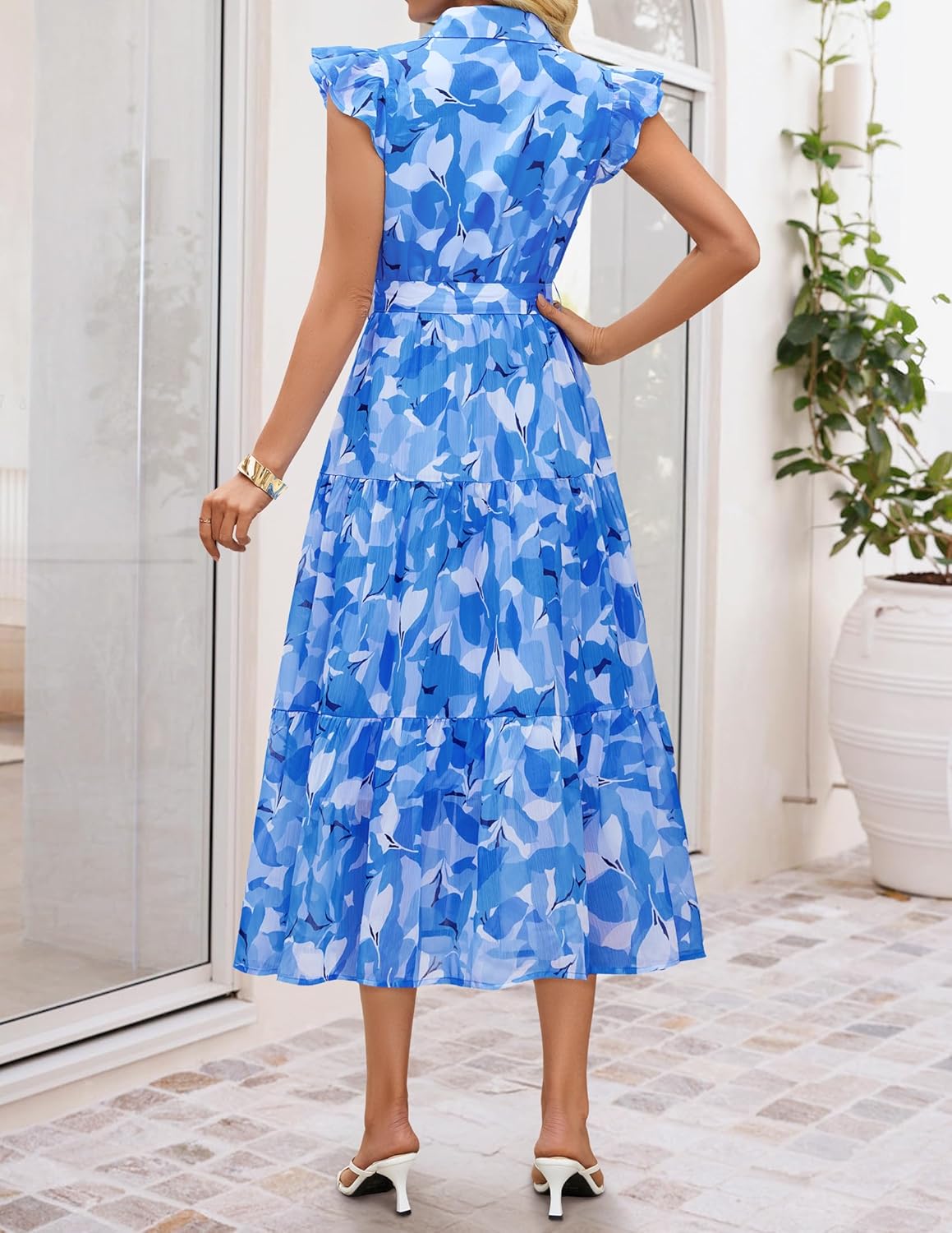 ZESICA Women's Summer Floral Midi Dress 2026 Casual Flutter Short Sleeve Chiffon Button Down Wedding Guest Party Dresses - Image 5