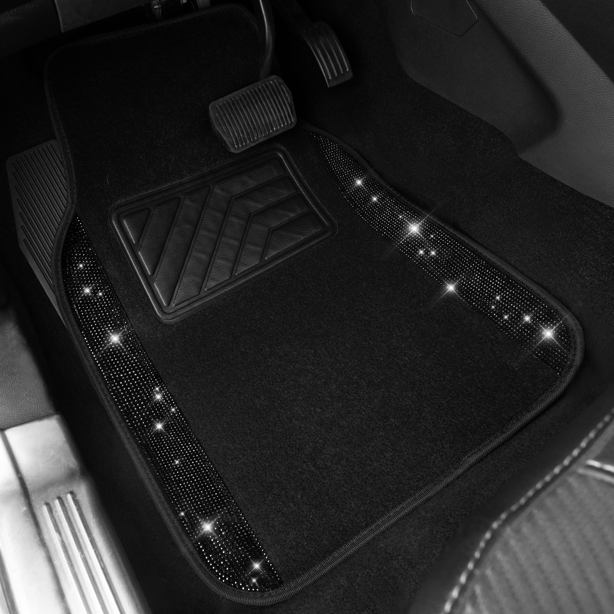 CAR PASS® Black Bling Diamonds Car Seat Covers Sets Black Leather & Shining Rhinestone Car Floor mats Carpet with Anti-Slip Nibs& Black Bling Car Accessories Sets Glitter Crystal Universal fit