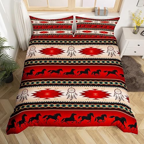 Erosebridal Juego de ropa de cama con funda de edredón de caballos atrapasueños para vaquera, vaquera, caballos aztecas nativos del suroeste, funda
