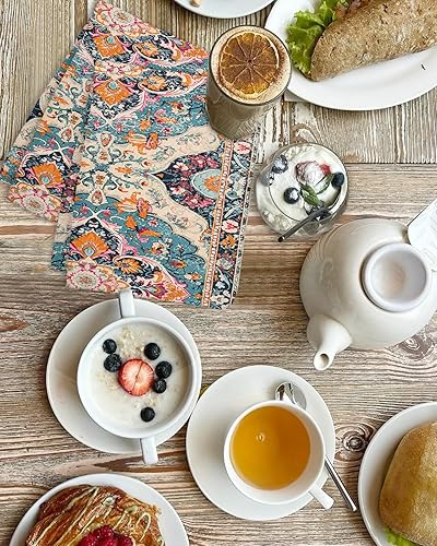 Miniatura 4 de Juego de 2 toallas de cocina de tejido de punto gofre de algodón, naranja, azul, rosa, floral, bohemio, oriental vintage, de 16 x 24 pulgadas,