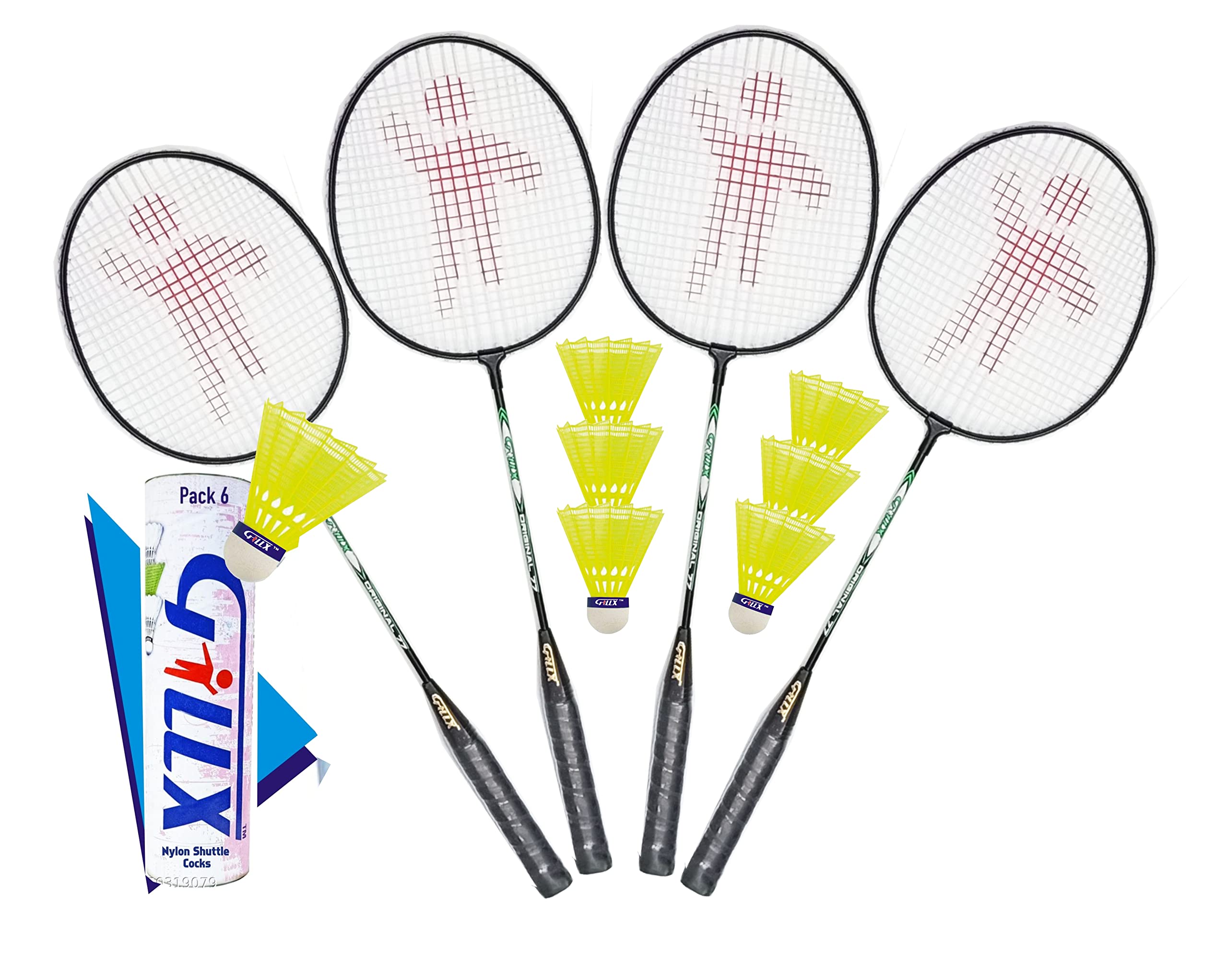 GILLX Badminton Rackets with 6 Nylon Shuttle Cocks (Black, Assorted) -4 Pieces (B0B3RF26XF) Amazon Price History, Amazon Price Tracker