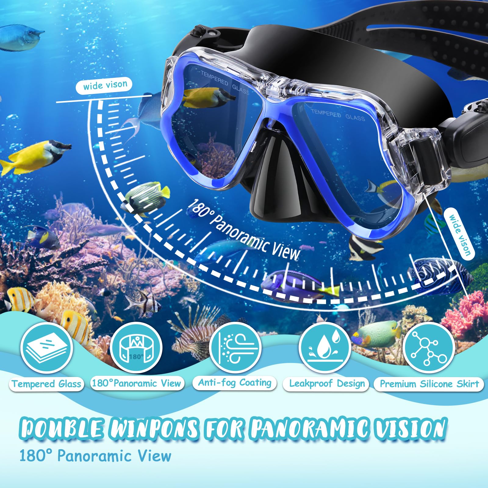Set da snorkeling 4 in 1 per bambini, vista panoramica, maschera anti-appannamento, pinne Dry Top, con borsa da viaggio, attrezzatura per snorkeling per bambini, nuoto e immersioni