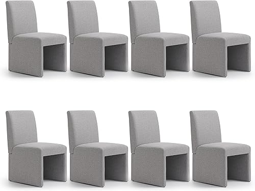 Miniatura 5 de Juego de 8 sillas de comedor tapizadas modernas para cocina y comedor, sillas de comedor de tela de lino con marco de madera, color gris