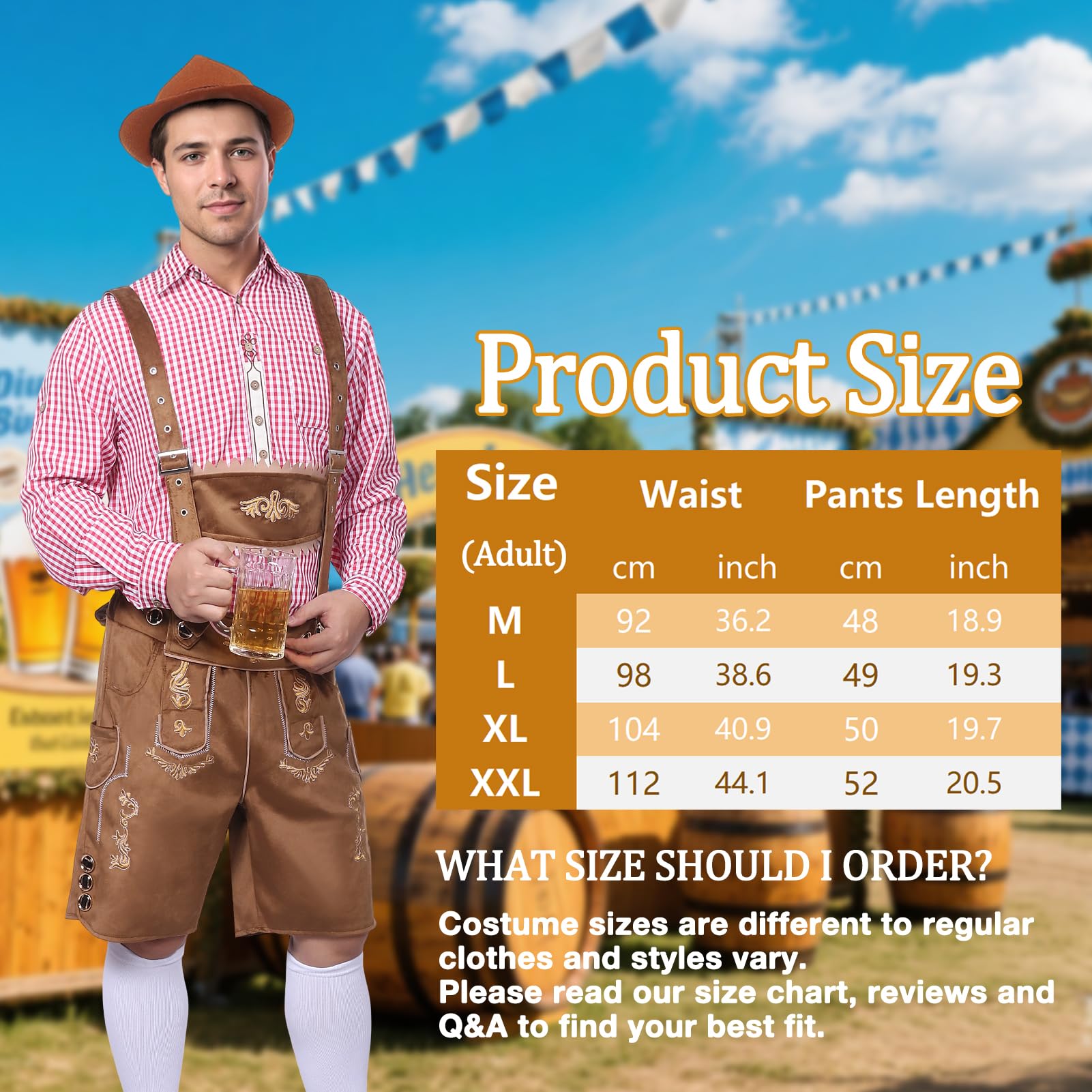 Strój męski na Oktoberfest, bawarski tradycyjny strój męski na Oktoberfest z tradycyjnymi skórzanymi spodniami, kapeluszem i skarpetkami na karnawałową imprezę cosplay (Brązowy, L)