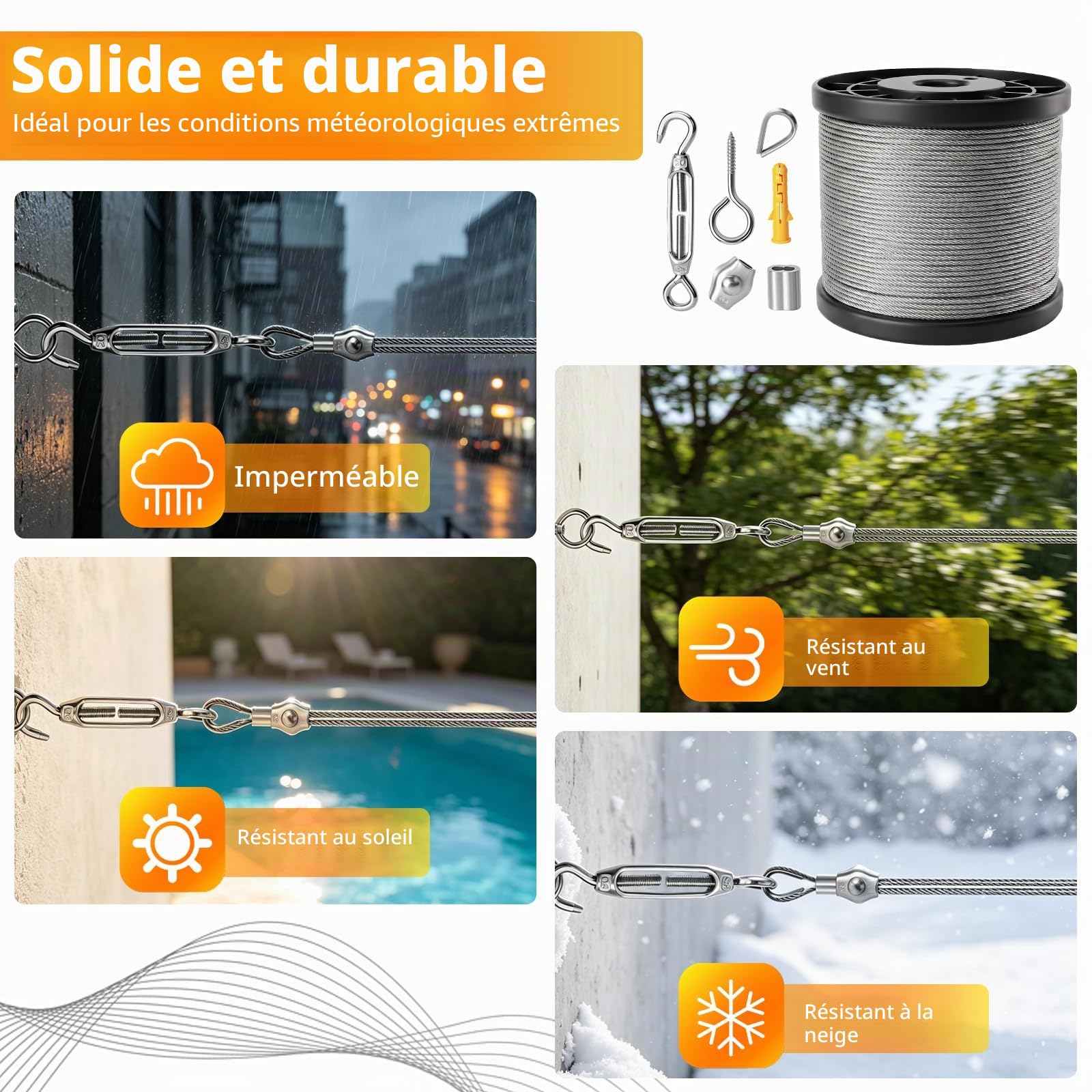 60M 2MM Corde en Acier Inoxydable à Suspendre Kit, Câble en Acier Inoxydable Revêtu pour Plantes Grimpante, Extérieur Suspension, Corde a linge, Lustre D'ExtéRieur