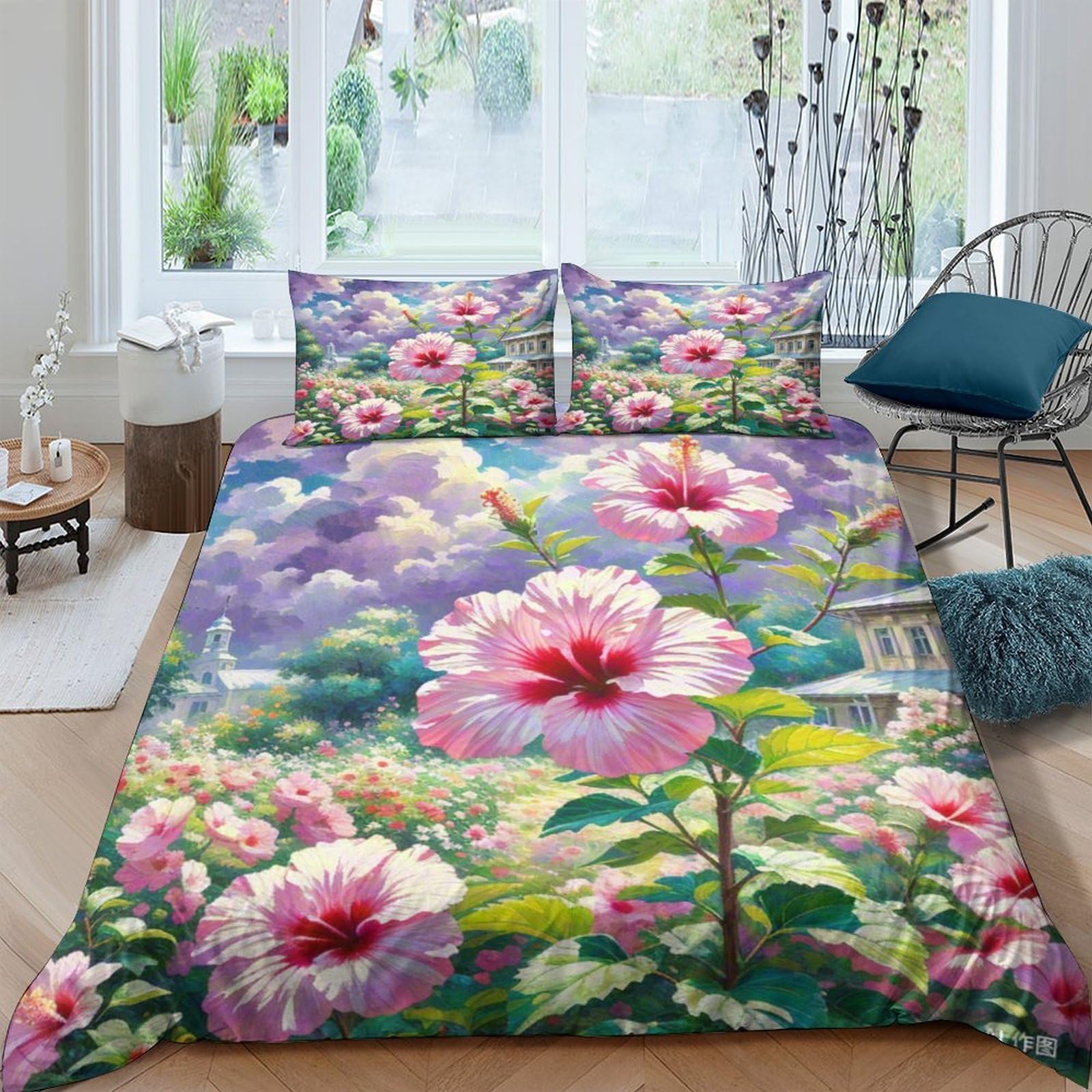 Parure de lit motif hibiscus : confort et fermeture éclair cachée pour lit King