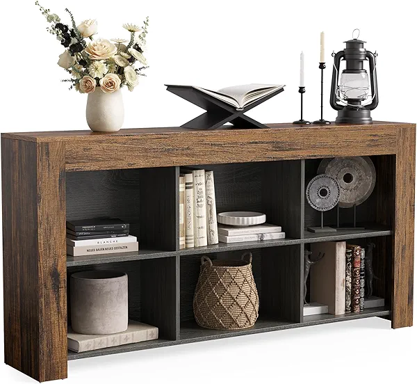LITTLE TREE Console Table with Storage, 63-Inch Narrow Long Sofa Table, Entryway Table with 6 Cubes, Farmhouse Storage Shelves for Entryway, Living Room