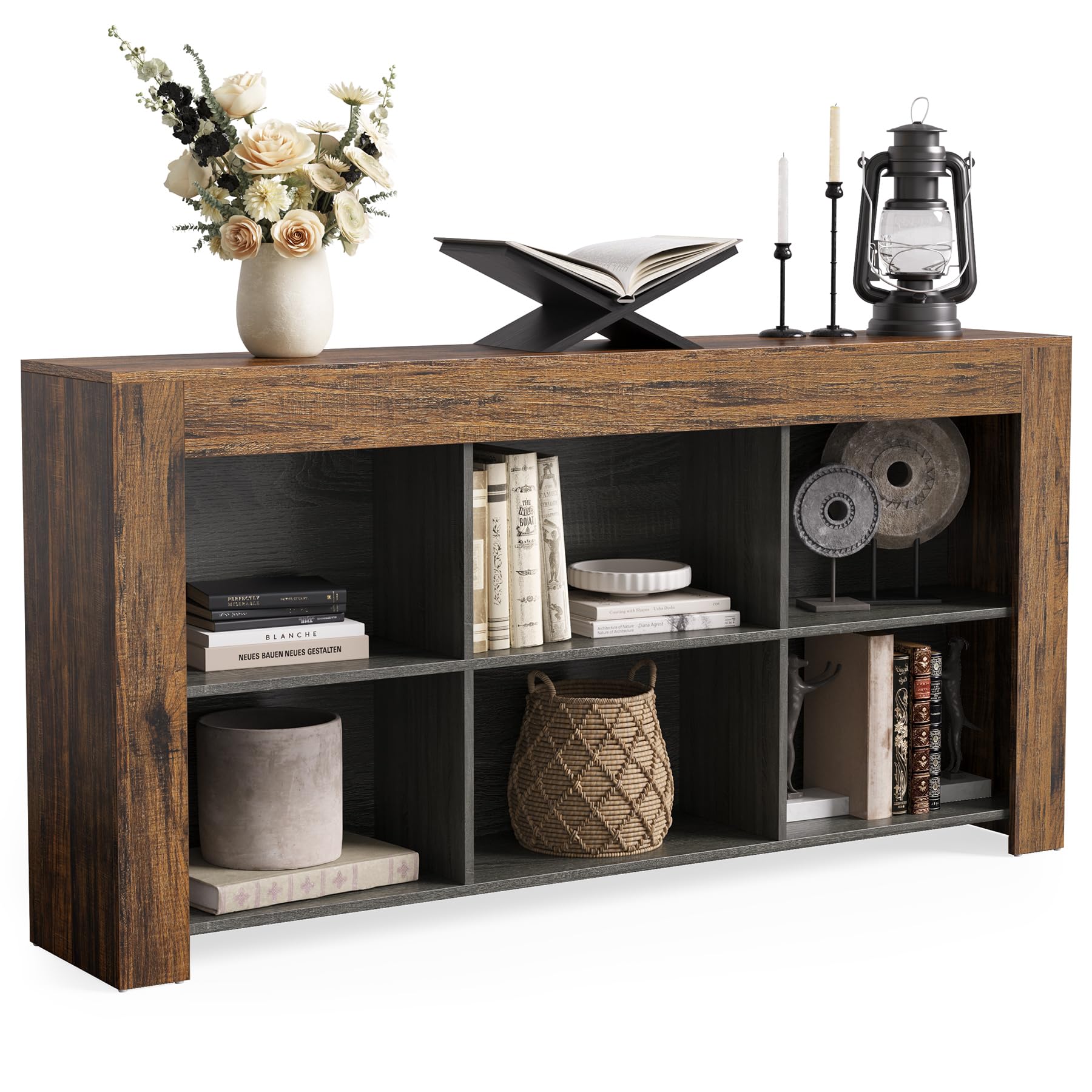 Photo 1 of [MISSING PARTS] LITTLE TREE Console Table with Storage, 63-Inch Narrow Long Sofa Table, Entryway Table with 6 Cubes, Farmhouse Storage Shelves for Entryway, Living Room