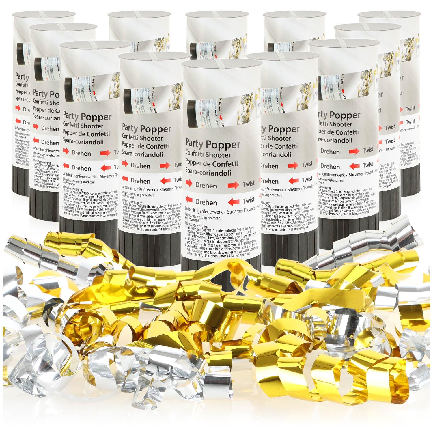 com-four® 12x Shooter Party Popper Set 11 cm - Cañón de Confeti - Serpentinas Metálicas Brillantes para Nochevieja, Fiesta, Cumpleaños, Boda - Decoración de Fiesta (12 Piezas - Colorido 11cm)