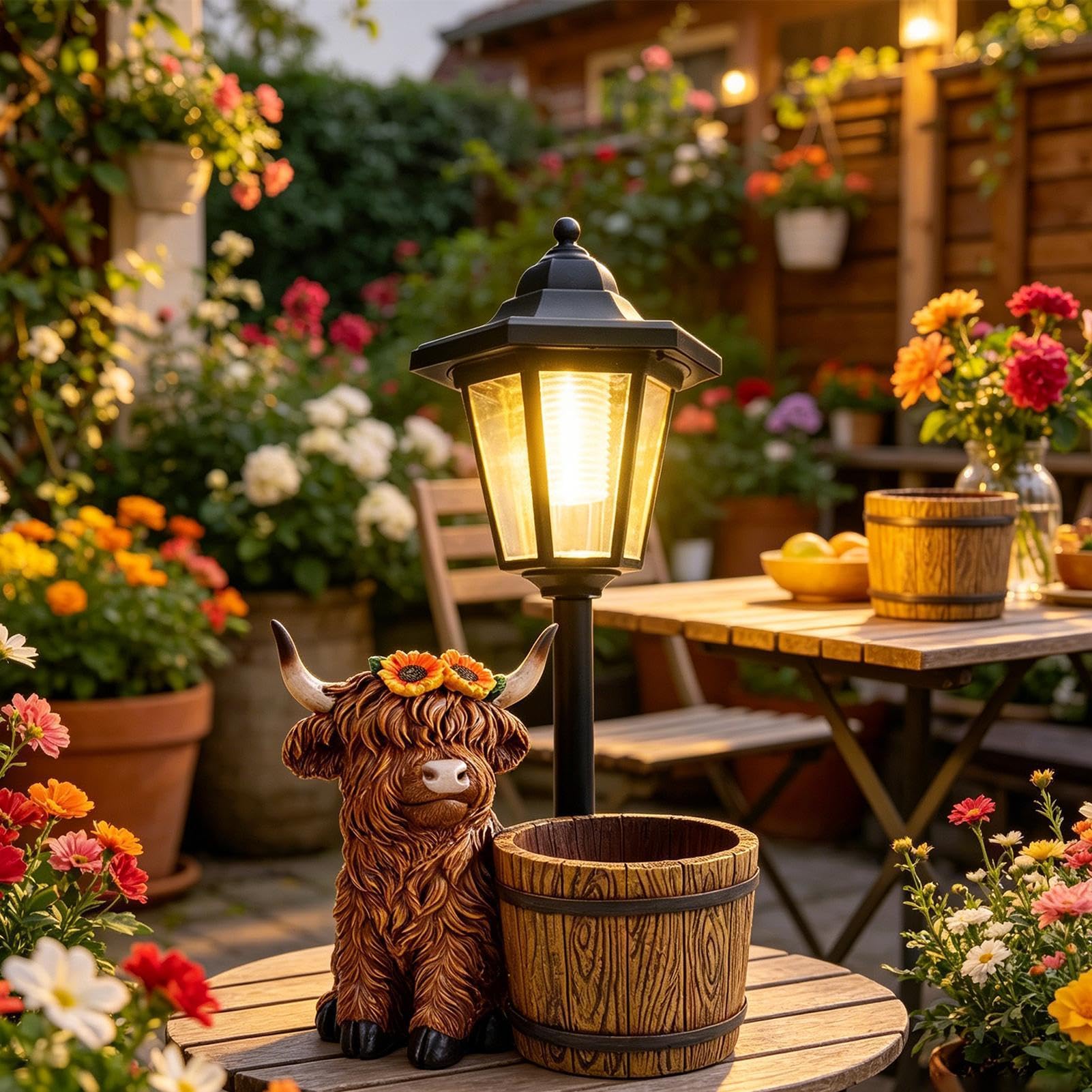 Highland ozdoby ogrodowe na zewnątrz, górska lampa słoneczna, latarnia solarna z doniczką do domu patio balkon podwórko ganek farma trawnik dziedzińce przednie tylne drzwi