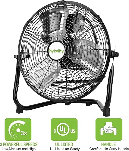 Miniatura 3 de hykolity Ventilador de piso de alta velocidad de 1650 CFM de 12 pulgadas, potente ventilador de flujo de aire de 3 velocidades, ventilador de metal