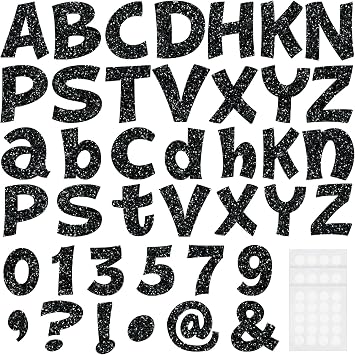 ReliThick 72 Pcs Black Glitter Bulletin Board Letters 4 | Alphabet, Numbers, Punctuation, Back to School, Cut Outs Poster Board Letter, for Classroom, Party, Graduation Decor Supplies