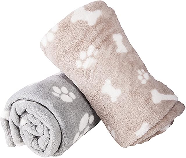 West5Products 1x Super Soft Micro Fibre Paw & Bone Print Design Small Pet Dog Blanket 70x100cm, grey or beige