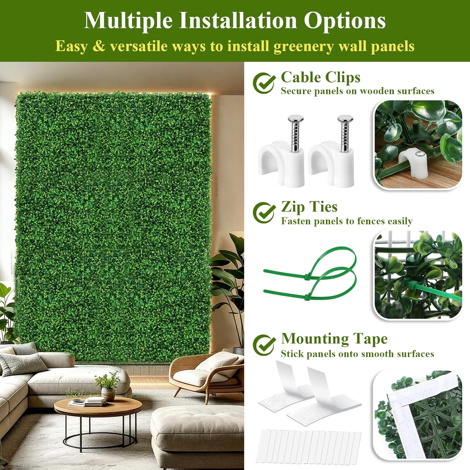 28Pcs Artificial Grass Wall Panels 10" x 10" Faux Boxwood Green Wall UV Resistant Privacy Screen 19.44 Sq Ft with Full Installation Kit for Indoor Outdoor Garden Fence Party Decor