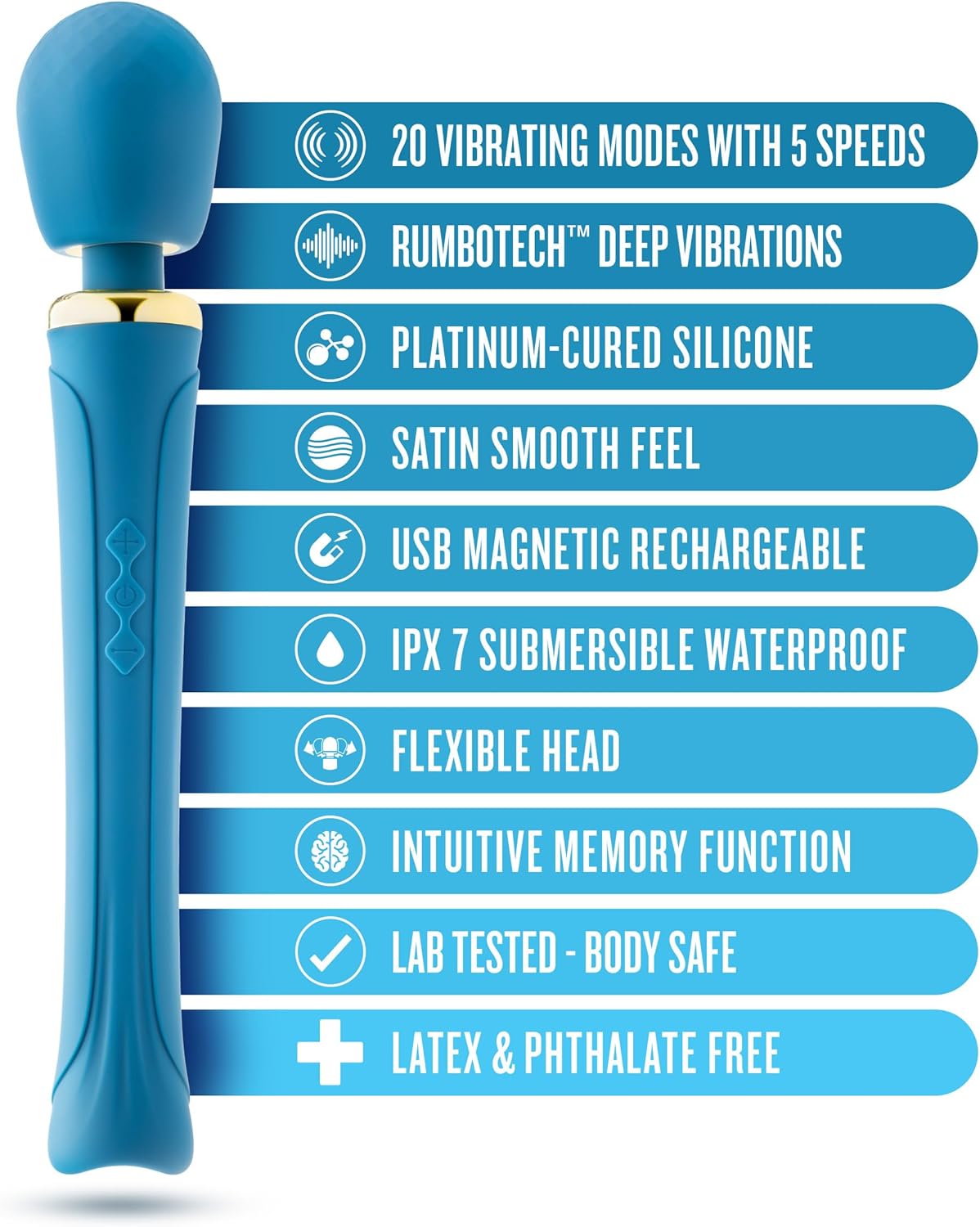 Blush Dianna 12.25" Full Body Personal Massager, 20 Powerful Vibration Modes, Flexible Round Head Silicone Wand for Neck, Nipple, Vaginal Pleasure, IPX7, Women Men Couples Adult Sex Toys- Queens Teal