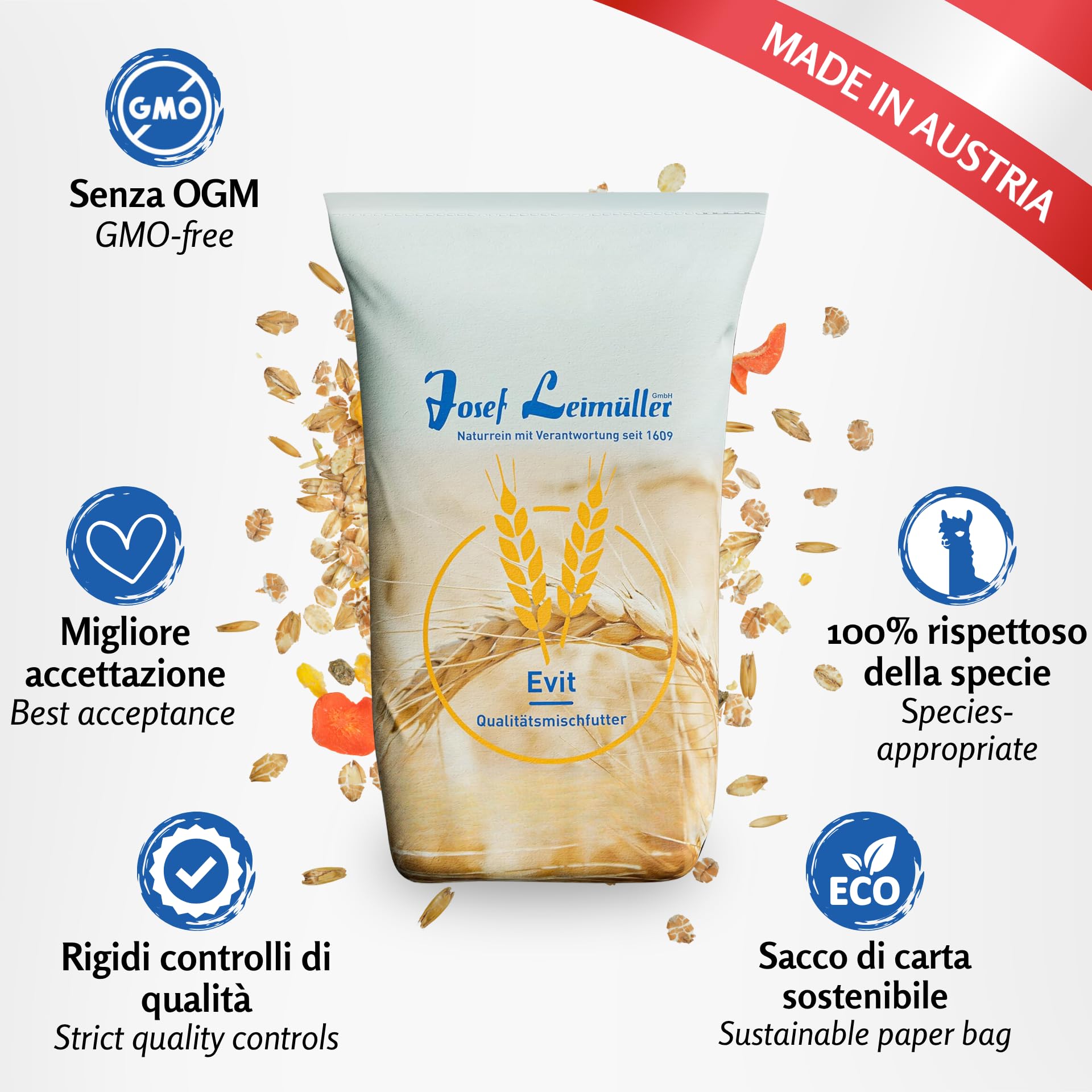 Leimüller Mangime per Alpaca Muesli 20 kg - Mangime di qualità austriaca privo di OGM - Mangime per alpaca, lama, cammelli e camelidi del Nuovo Mondo Colla ueller