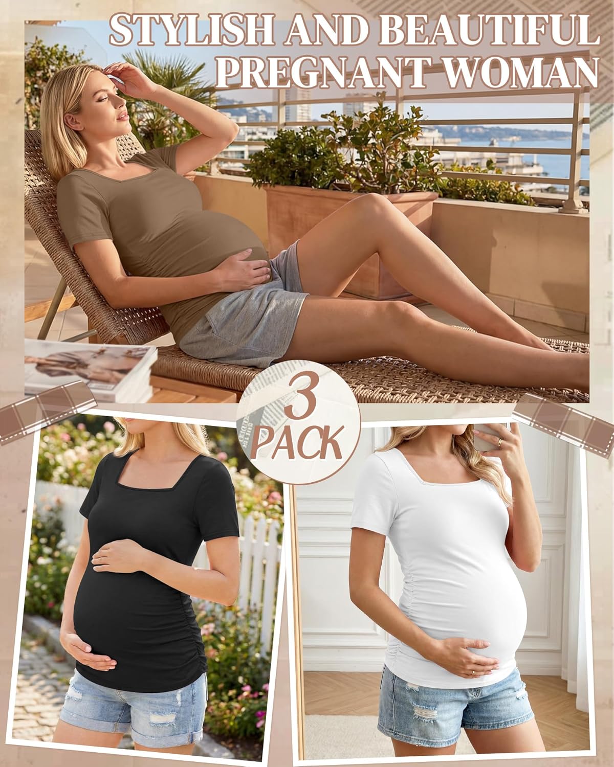 3 Pack Women's Maternity Shirts Square Neck Side Ruched Short Sleeve Maternity Tops Casual Knitted Pregnancy Tees - Image 5