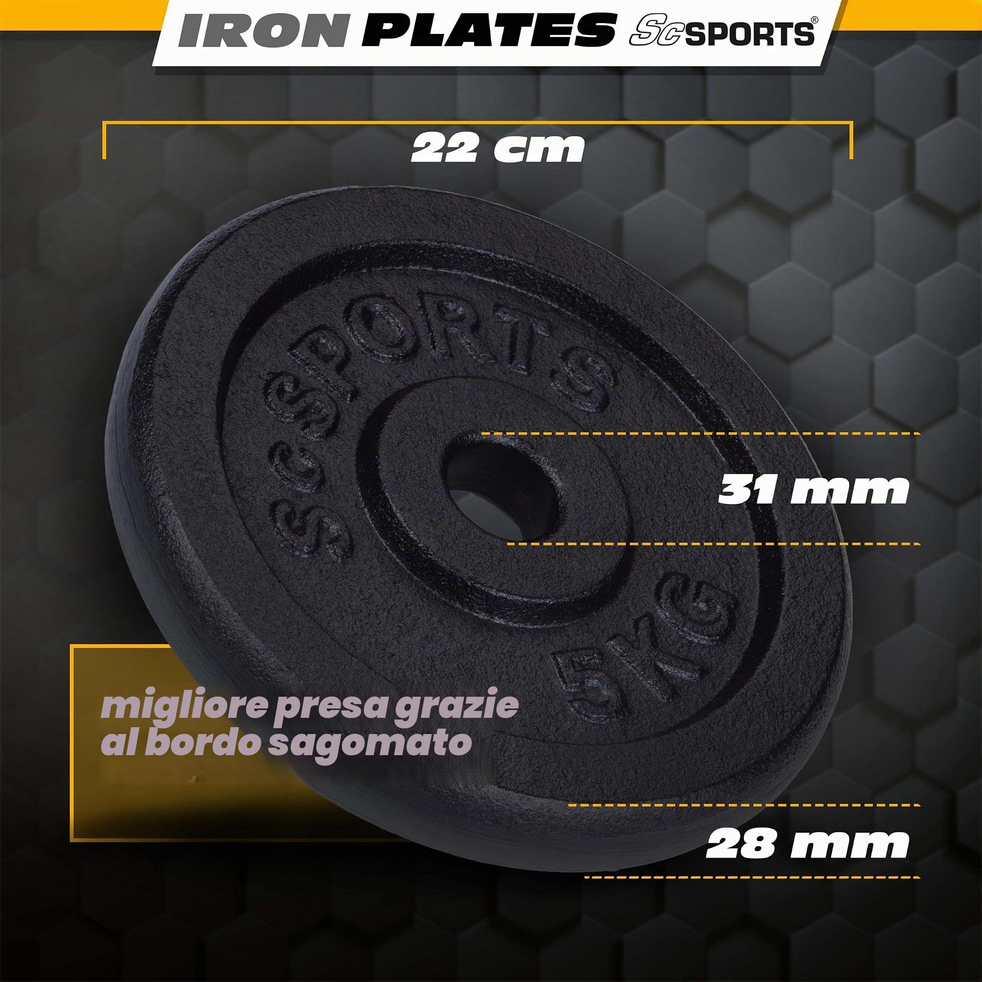 ScSPORTS® Dischi Palestra - Set da 30kg (6x5 kg), Robusto, Ghisa, Ø30/31mm - Pesi per Bilanciere e Manubri, Bodybuilding, Powerlifting, Weights, Fitness a Casa, Braccia, Sollevamento