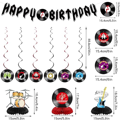 Miniatura 2 de Crenics Decoraciones de cumpleaños de Rock and Roll pancarta de feliz cumpleaños, remolinos colgantes y centros de mesa de panal para suministros de