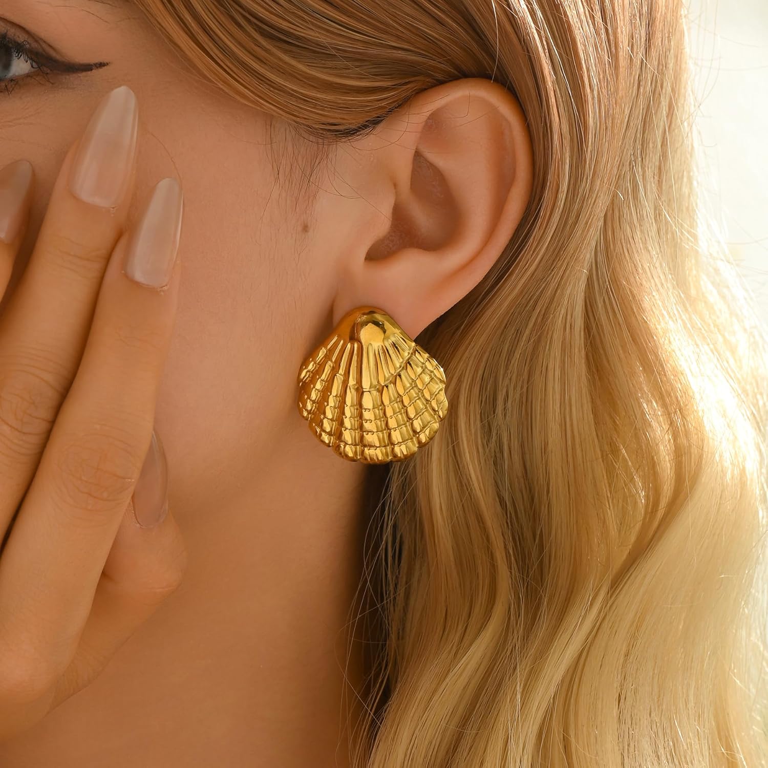 Gold Earrings for Women 18K Gold Plated Chunky Starfish Seashell Conch Flower Pearl Stud Earrings Circle Link Dangle Earrings Trendy Jewelry Christmas Gifts - Image 4