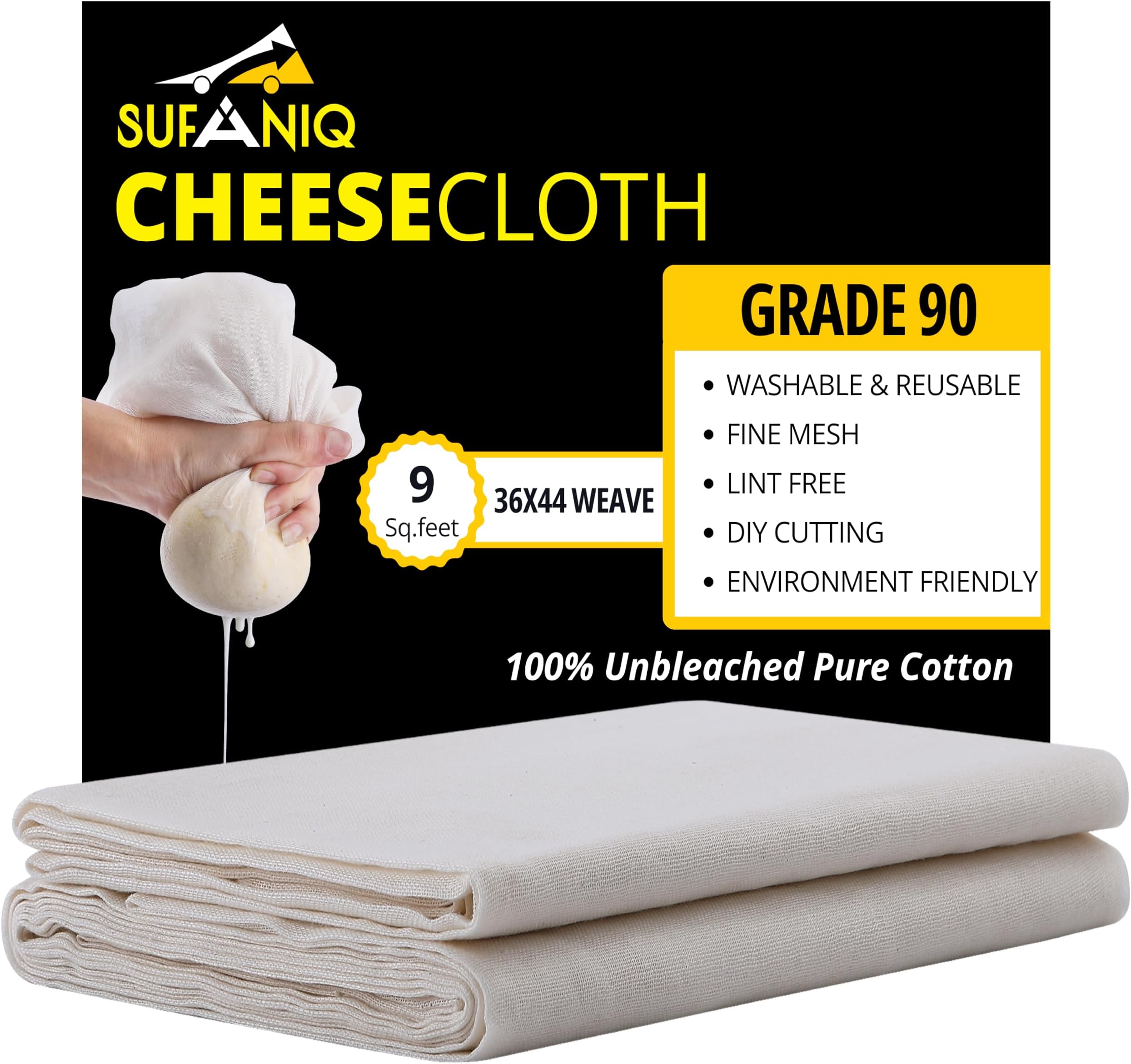 Sufaniq Cheese Cloths, Grade 90 (9 Sq Feet) 100% Pure Cotton Reusable Cheesecloth, Unbleached Ultra Fine Fabric, Cheesecloth for Straining, Premium Butter Muslin Cloth for Straining - 1 Sq Yard