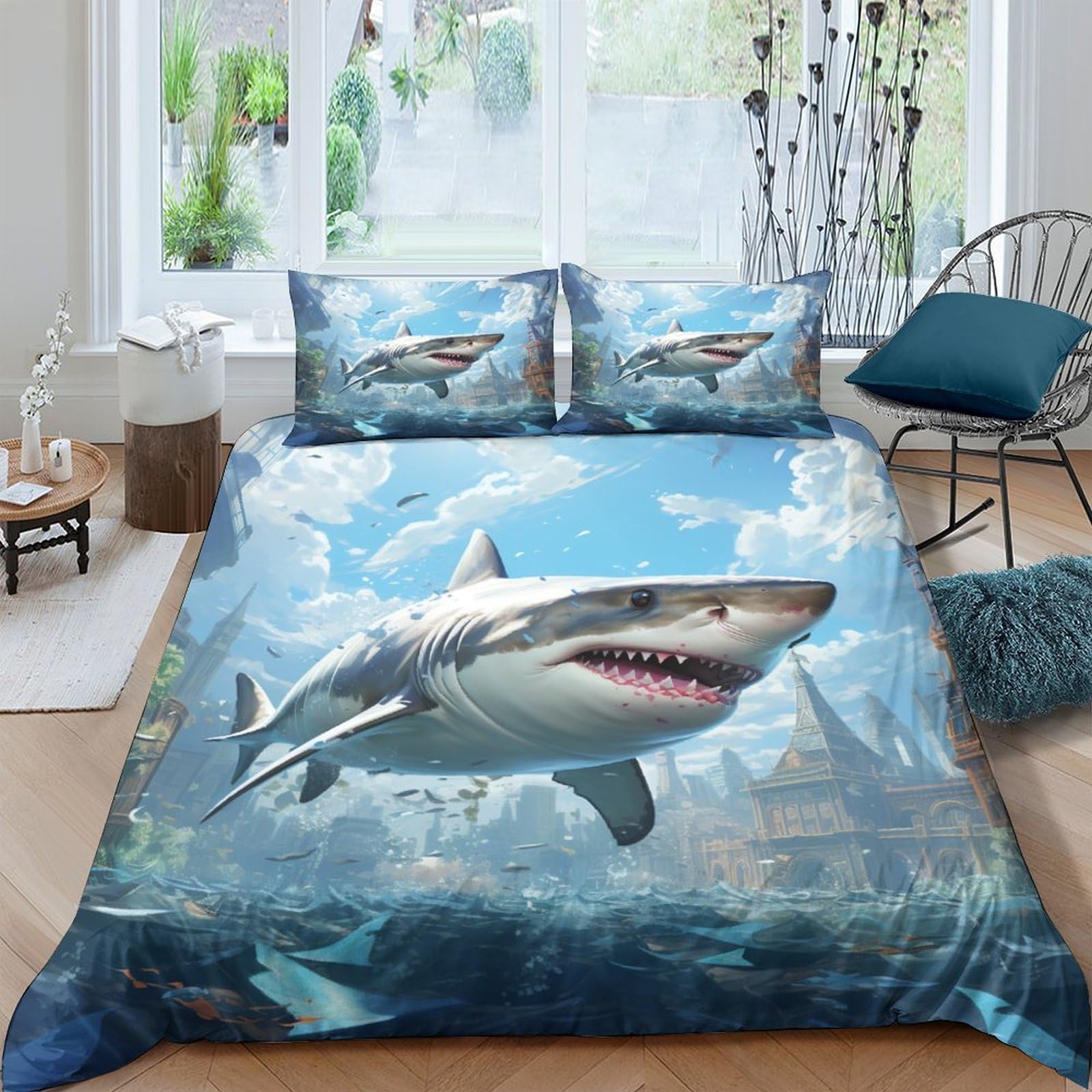 Parure de lit Hungry Shark ICOBES housse de couette double 200x200cm pour enfants et adultes