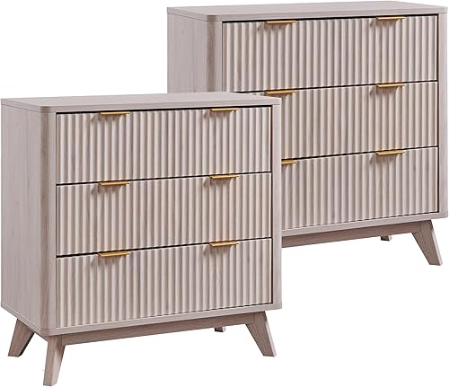 Miniatura 12 de T4TREAM Juego de 2 mesitas de noche acanaladas de 3 cajones, mesa auxiliar moderna extragrande extragrande con parte superior de mármol sintético,