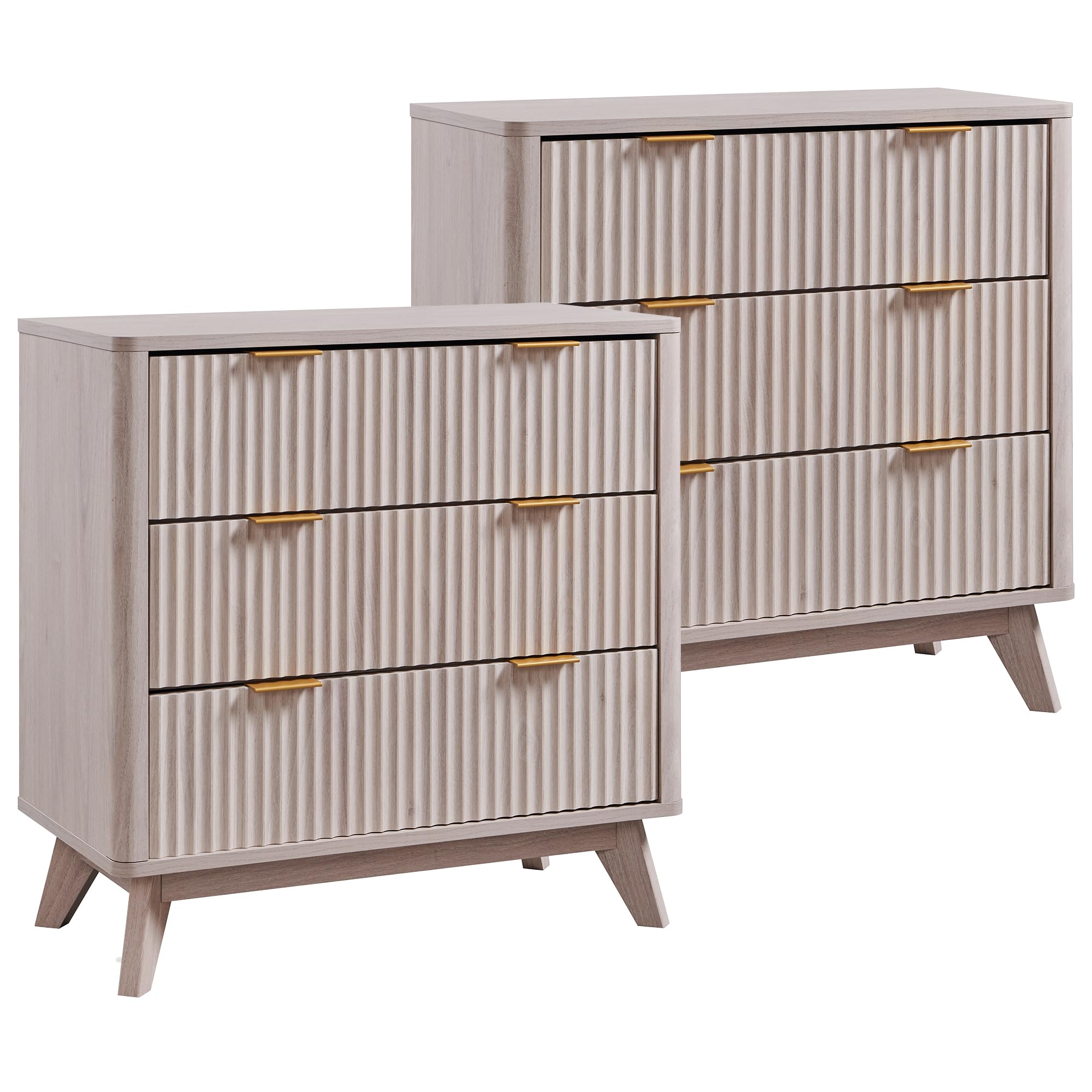 T4TREAM Fluted 3 Drawers Nightstand Set of 2