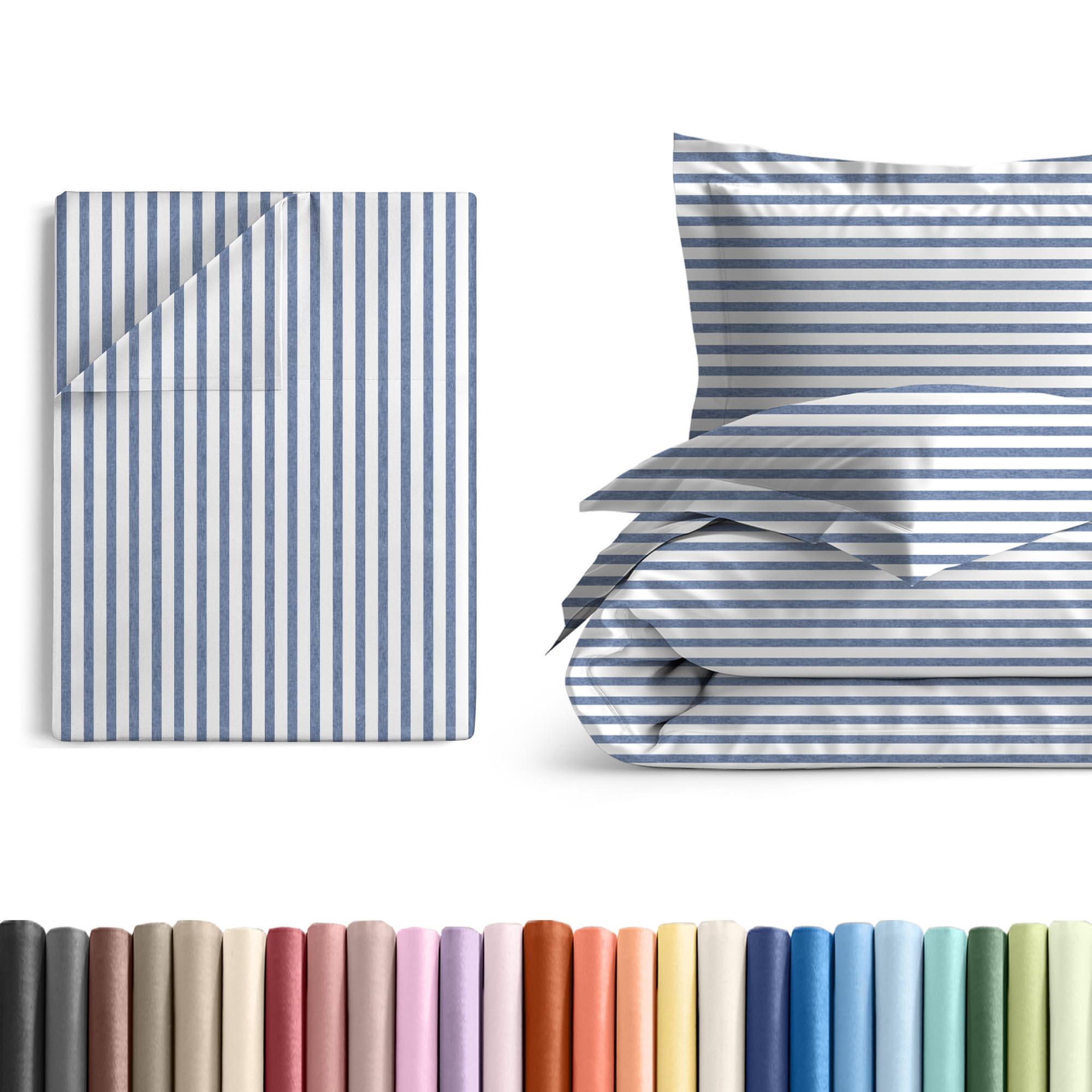 Cal King Size Flat Bed Sheet + Duvet Cover Bundle - Hotel Luxury Single Flat Bottom Sheet Only - Fits Mattresses with Deep Pockets between 8 to 16 inches - Breathable and Wrinkle Free - Blue Stripes