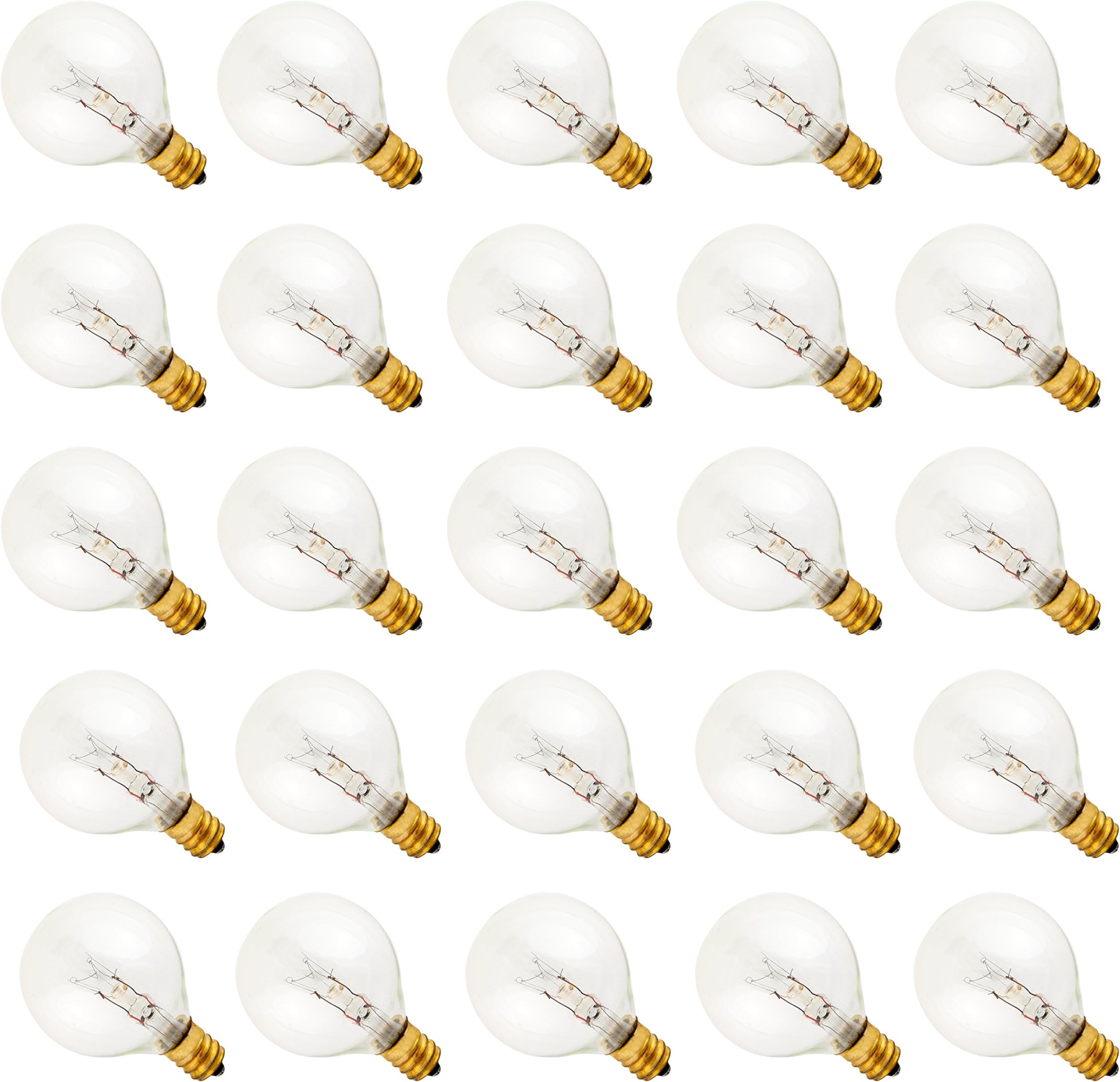 25 G40 Clear Globe Replacement Bulbs. Incandescent. 100% Satisfaction Guaranteed. Optimal Bulb Changing Convenience & Safety. Longtime Favorite "Tuscan" Style Soft Warm White Light. Inspected & Packaged in USA