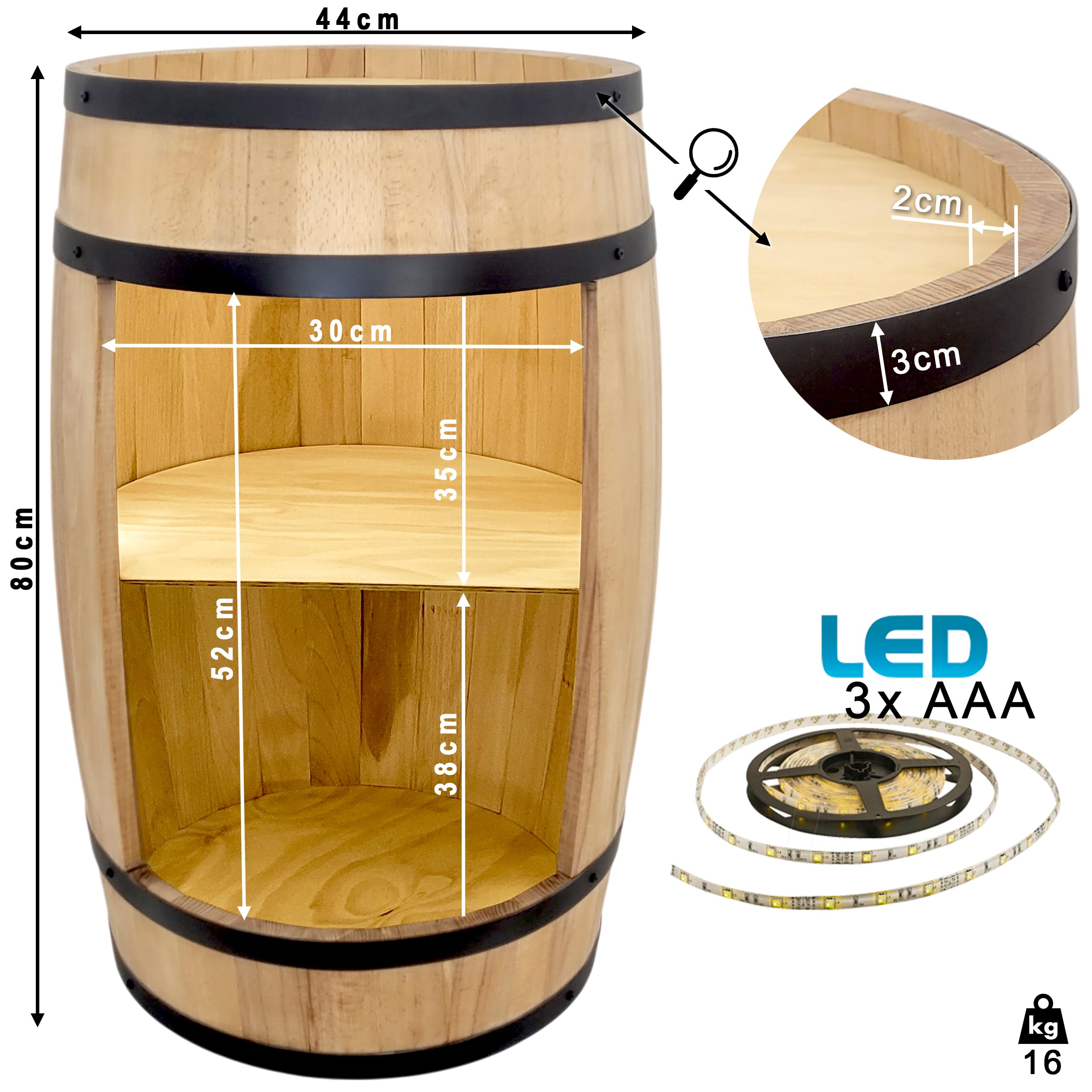 weeco Tonneau en Bois avec éclairage LED - Commode de Maison gin Whisky - bière - Casier à Vin - Meuble Rangement Bouteille Alcool Tonneau Bar - Casier à Vin - Bar de Maison