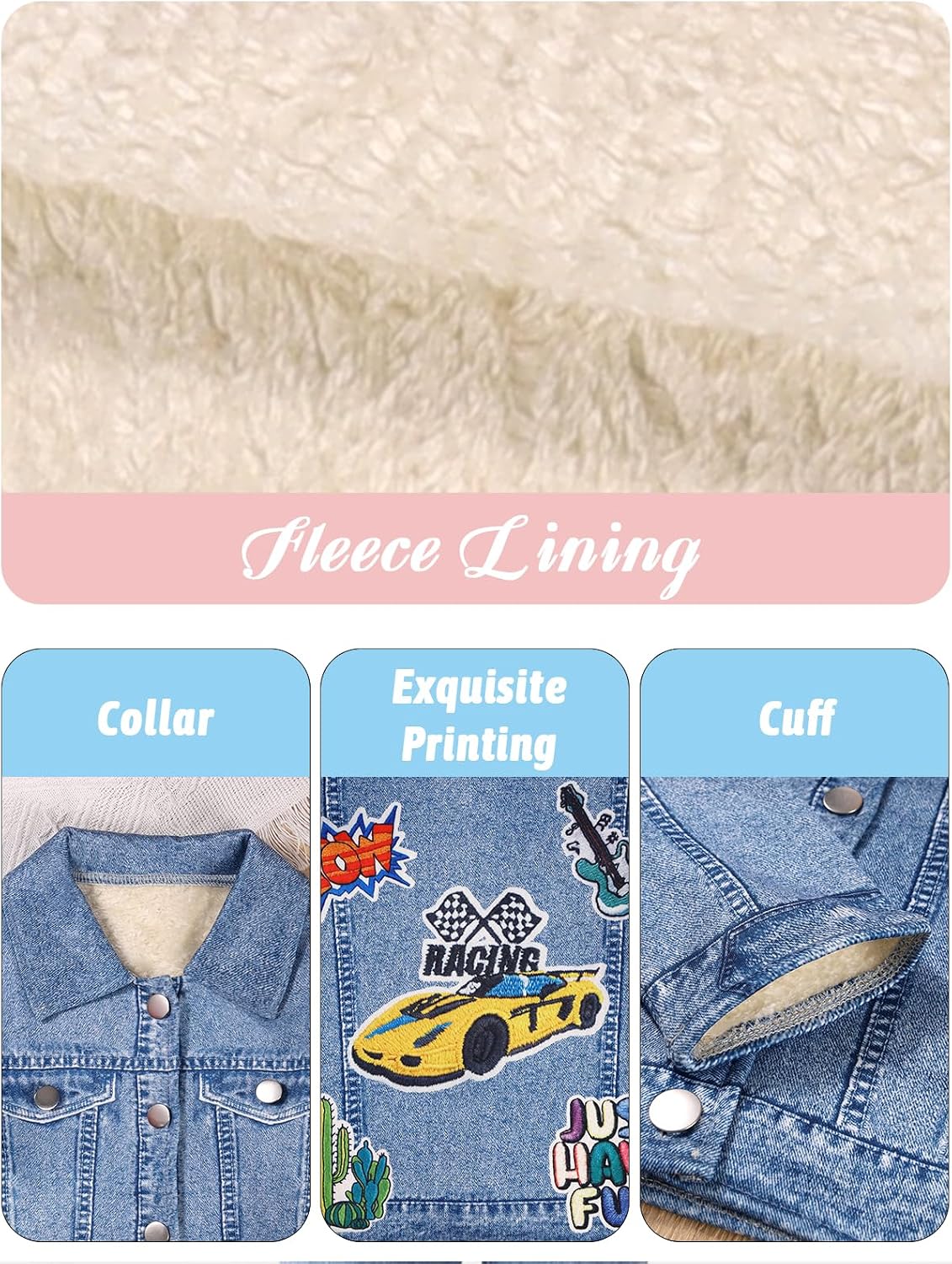 Kids Fleece Lined Denim Print Jacket, Long Sleeve Faux-Embroidery Jeans Print Winter Coat for Toddler Boy Girl 3-8T