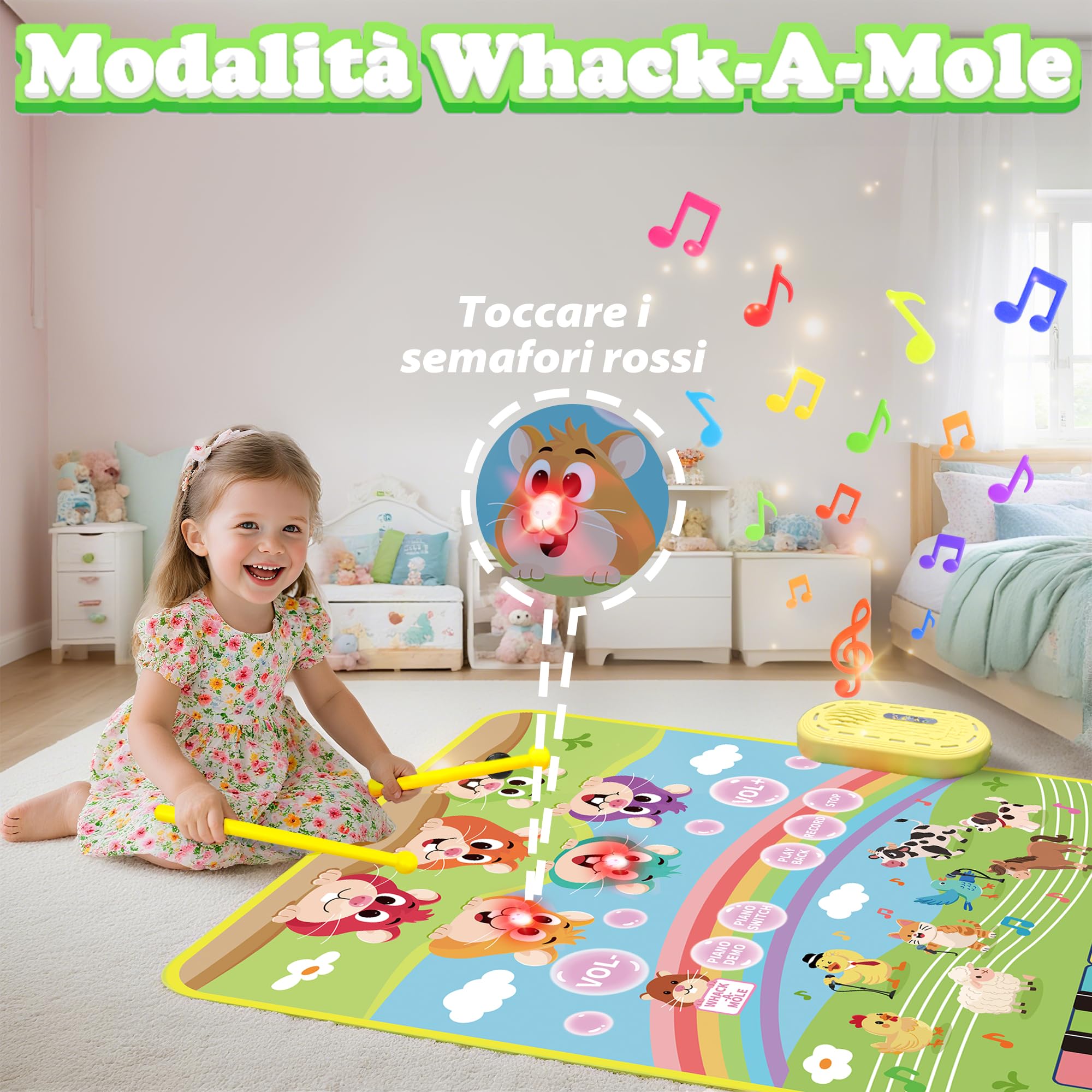 MOMUSE Tappeto Musicale con Gioco Colpisci la Talpa, Tappeto Pianoforte 3 in 1 per Bambini 1 2 3 Anni, Giocattoli Sensoriali Montessori per l'Apprendimento Precoce, Regali di Compleanno per 3 4 5 Anni