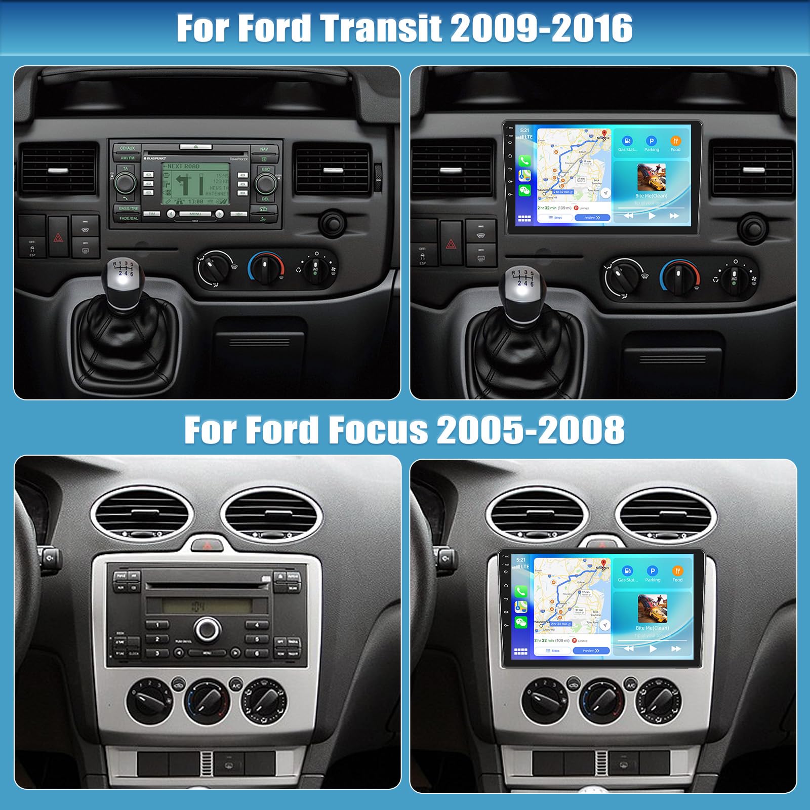 CAMECHO 8-Core 2+64G Android 15 Carplay Autoradio per Ford Transit 2009-2016/ Ford Focus 2005-2008, Wireless Carplay Android Auto, 9 Pollici 2 Din Bluetooth 5.0 con GPS WIFI 32EQ DSP+AHD Telecamera