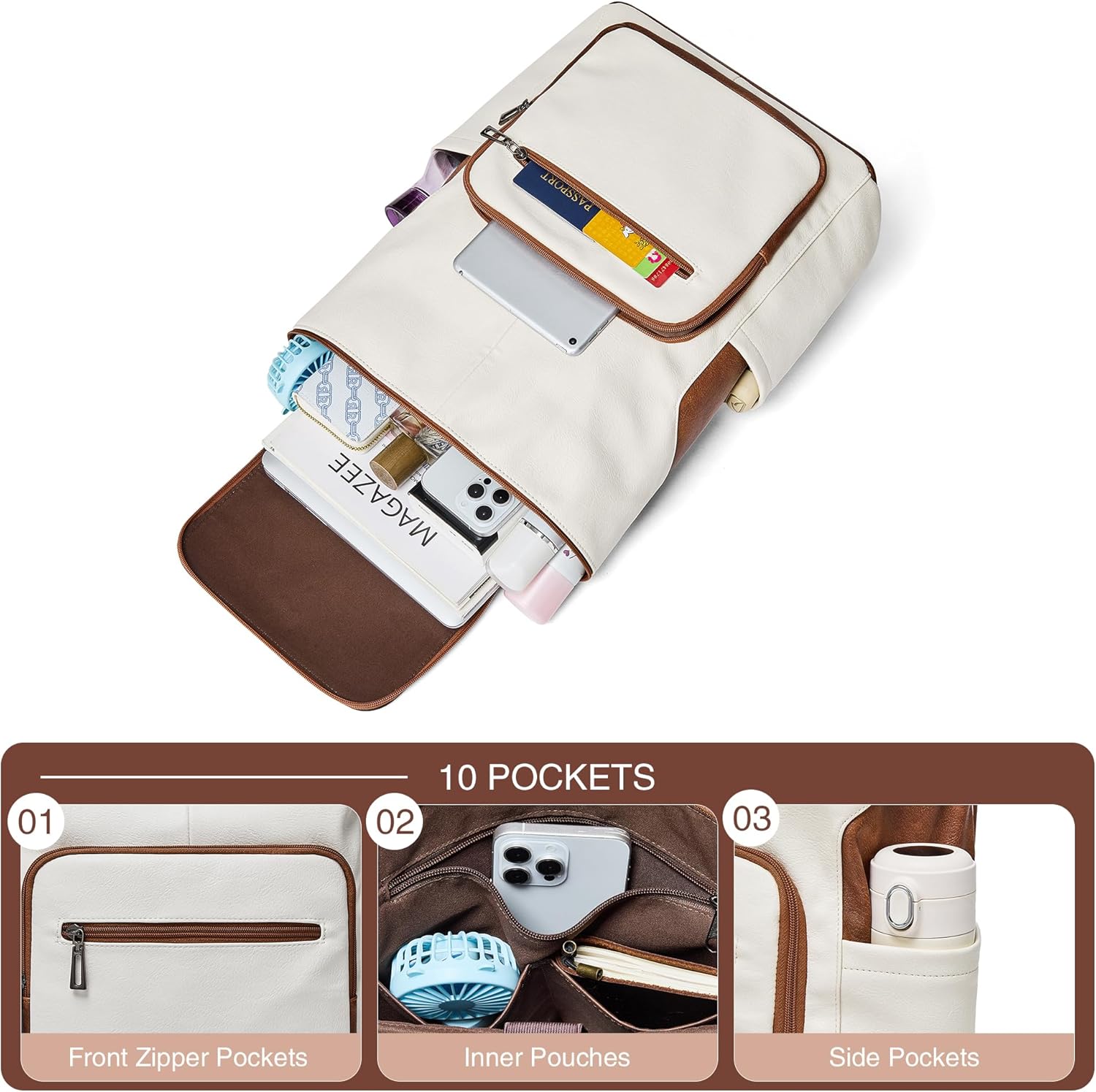 Leather Laptop Backpack for Women, 15.6 Inch Travel Backpack with Laptop Compartment, Casual Daypack Fashion Travel Backpack Purse for Travel College Work, Beige Brown - Image 4