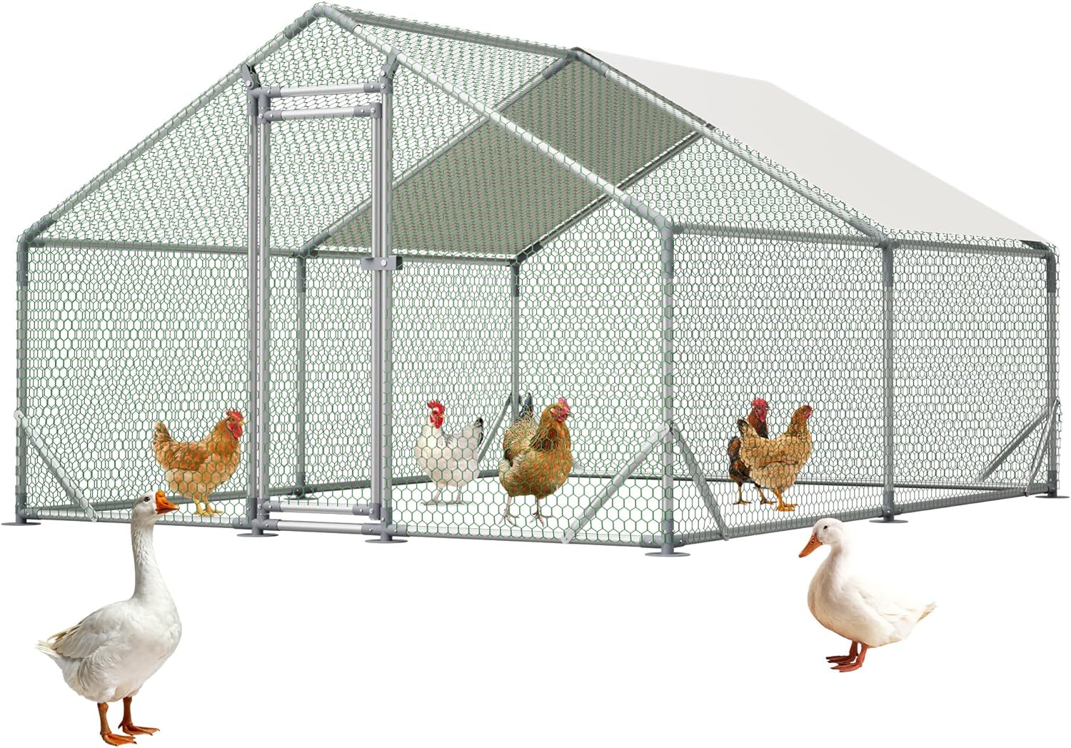 Metal Chicken Coop 13×10×6.56FT,Chicken Run Pen with Spire Roof,Water-Proof and UV-Proof Cover,Secure Mesh Walk-in Hens Fence with Lockable Door,Poultry Cage for Small Animal Like Hens,Ducks,Rabbits