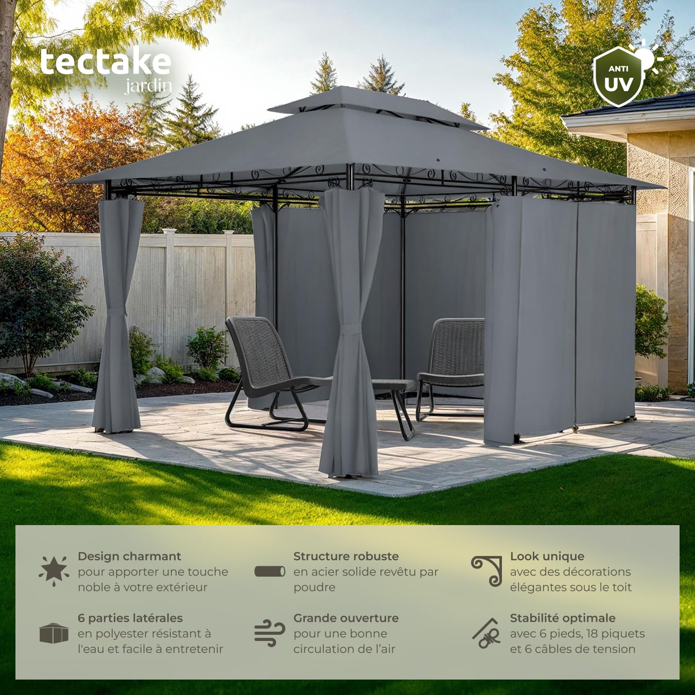 tectake® Tonnelle de Jardin 4x3m en Acier époxy Tente de réception, Imperméable, Protection UVP 50+, Rideaux de tonnelle Inclus, Montage Facile, Tonnelle terrasse Exterieur Barnum Mariage Baptême