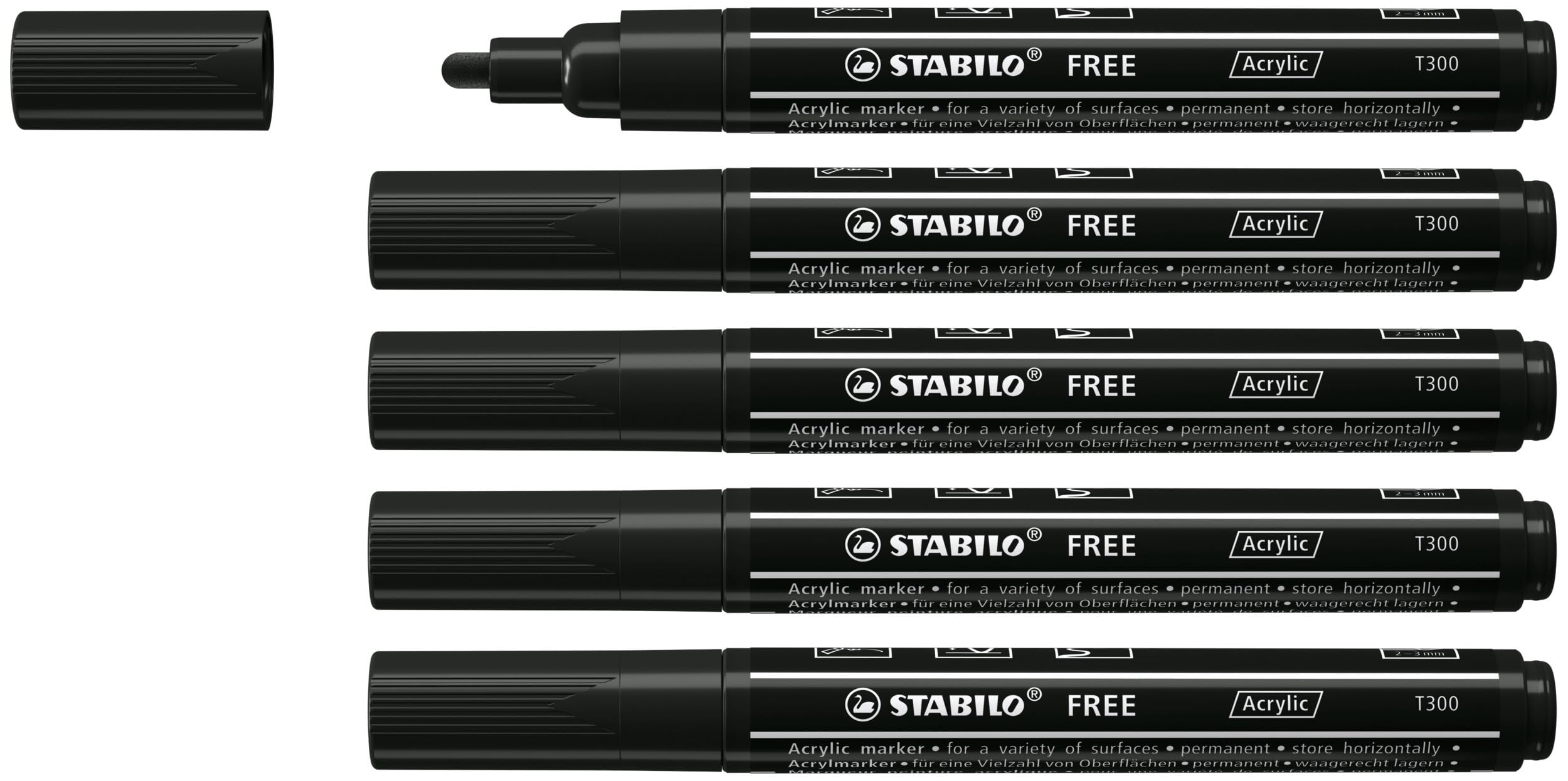 STABILO - Acrylmarker - FREE Acrylic T300 - Strichbreite 2-3 mm - 5er Pack - schwarz