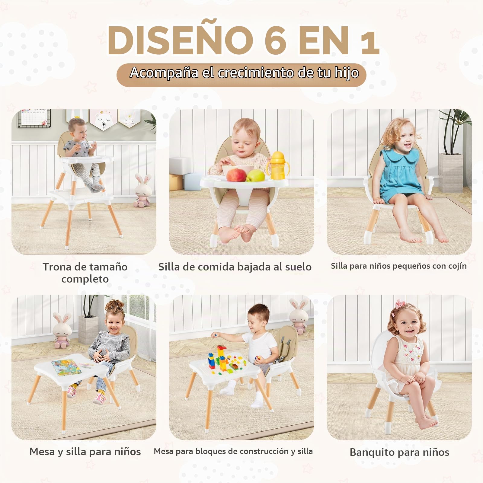 LIFEZEAL Trona para Bebé, Silla de Comedor 6 en 1 con Cojín de Asiento Extraíble, Arnés de Seguridad, Asiento Infantil con Bandeja Extraíble y Tabla de Bloques para Bebé de 6 a 36 Meses (Caqui)