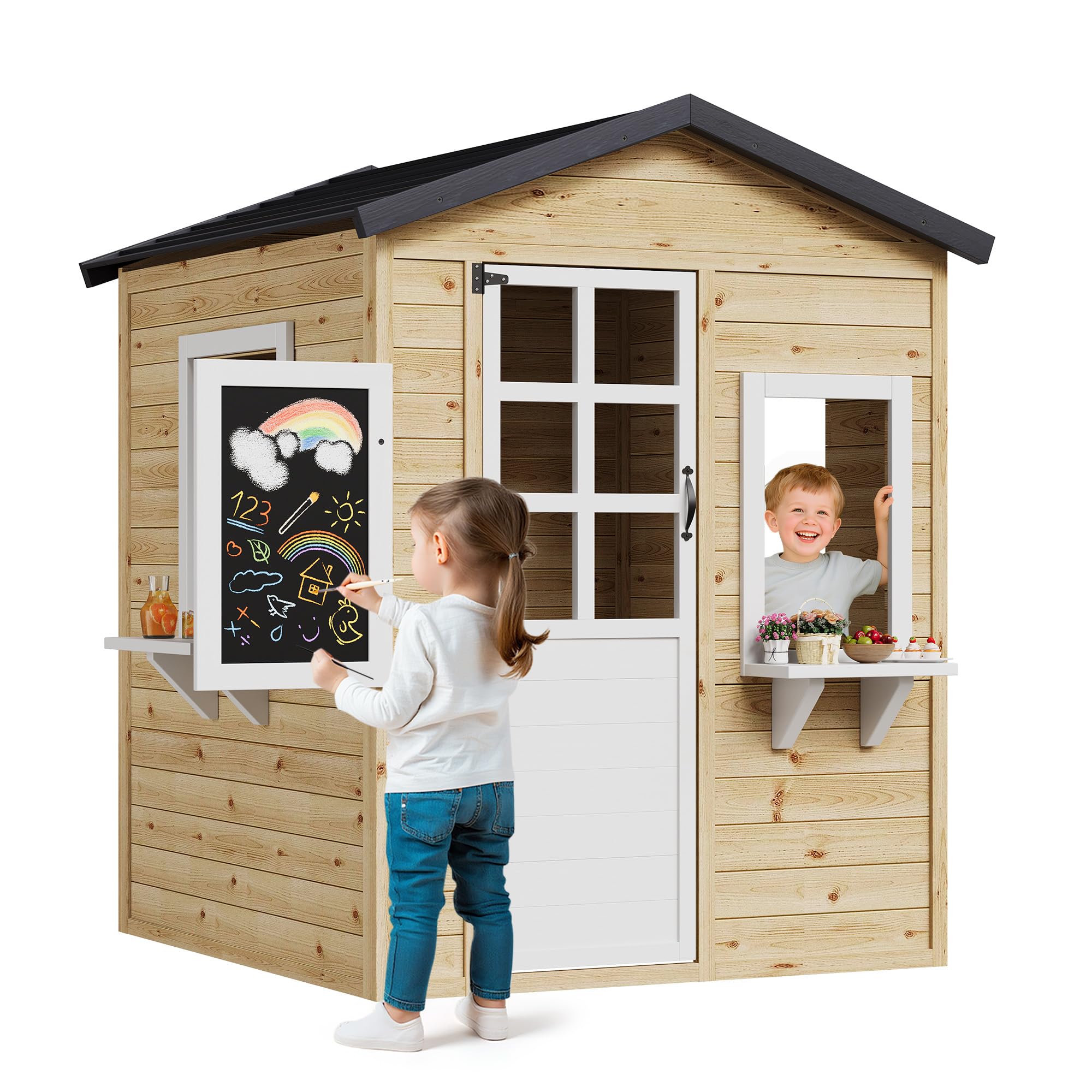 Wooden Playhouse for Kids Outdoor with Chalkboard, Wooden Kids Playhouse Cottage with Windows, Flowerpot Holders and Working Door for Outdoor Imaginative Play, 44.9''x45.7''x55.5'', Natural