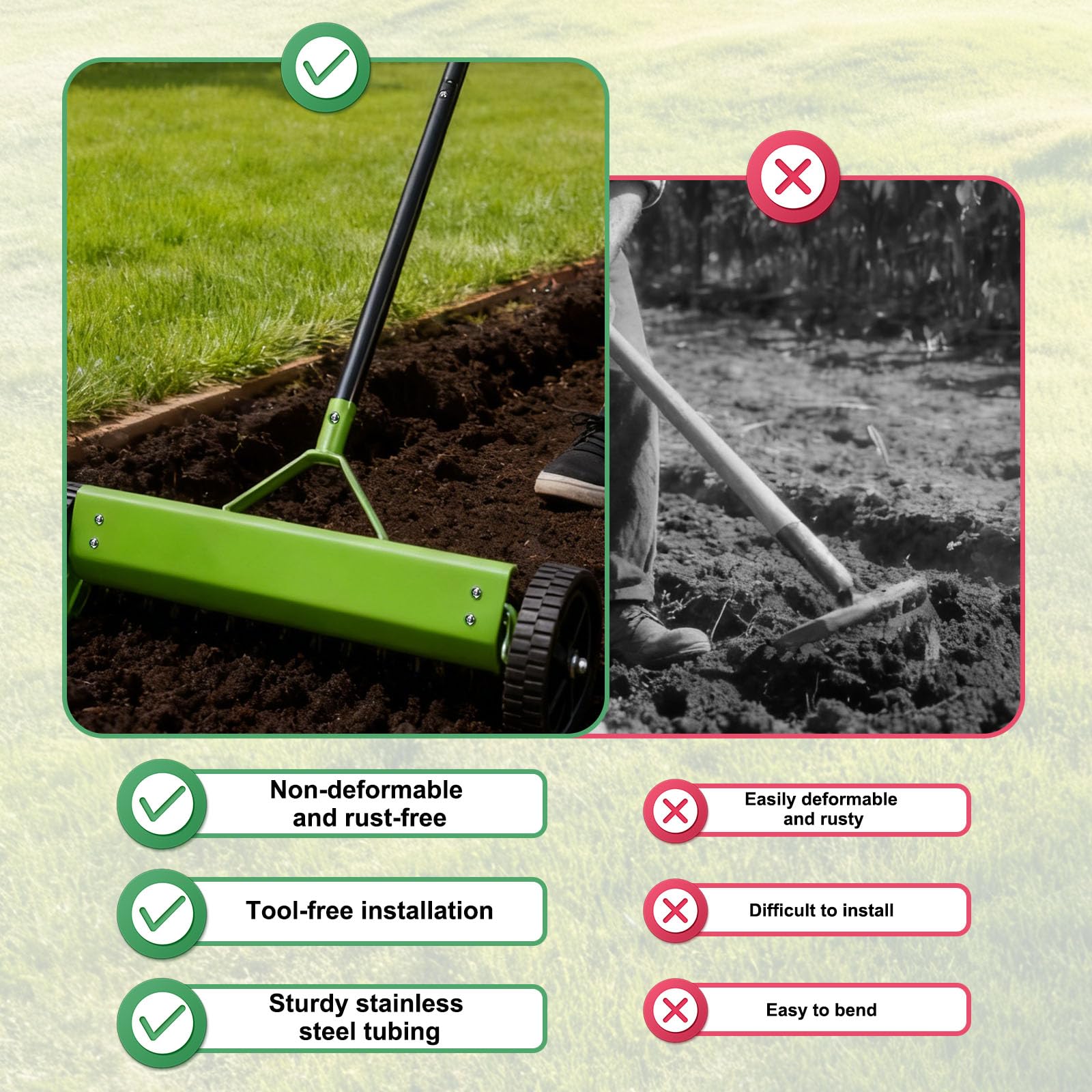 Rastrillo Escarificador de Césped Resistente, Multifuncional Rastrillo para Césped con Ruedas para Eliminar Residuos y Mantener el Jardín