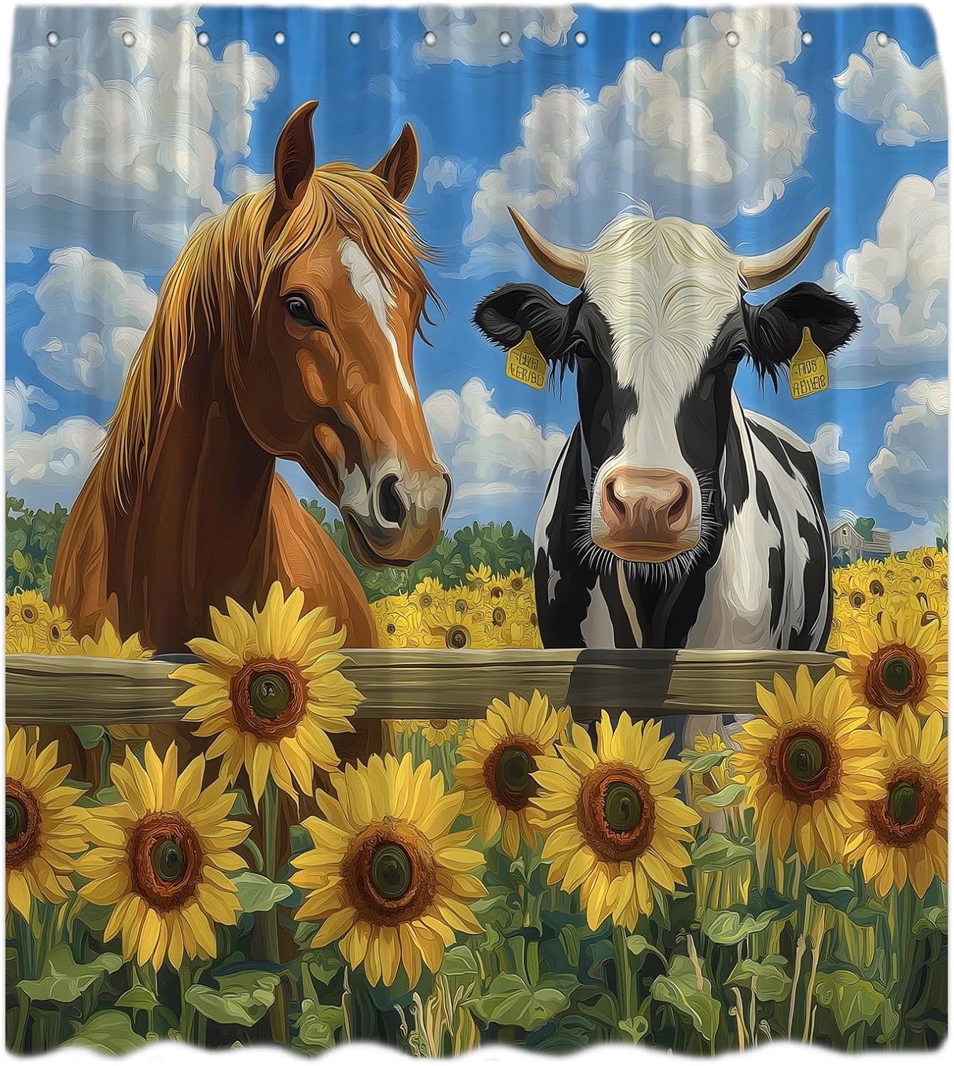 Funny Cow Horse Shower Curtain Farmhouse Animal Sunflower Nature Western Country Wooden Board Vintage Bathroom Curtains Decor with Hooks