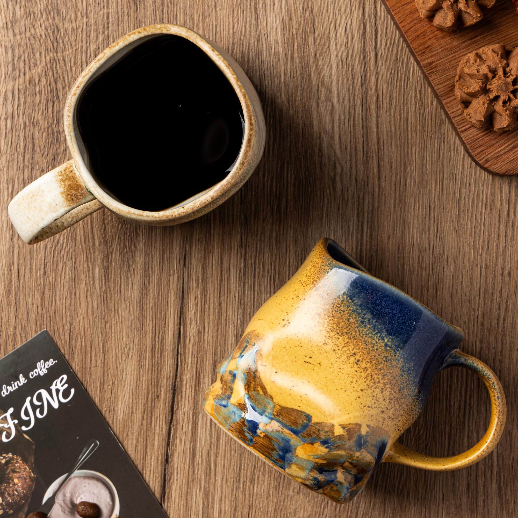 Tazas de café de cerámica hechas a mano, tazas con cuchara de café, 325 ml, taza de cerámica hecha a mano con asa, pintura a mano, tazas de té únicas de superficie desigual, aptas para