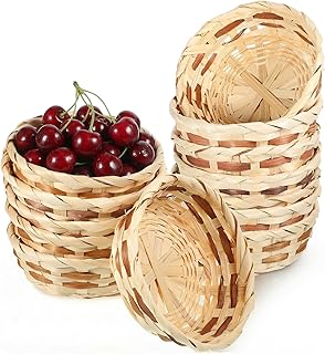 12 Pack Small Bamboo Fruit Baskets, 6.5 Inch Woven Fruit Basket Bulk Food Serving Basket Round Gift Baskets for Picnic, Kitchen, Restaurant, Wedding, Party, Holiday Decor