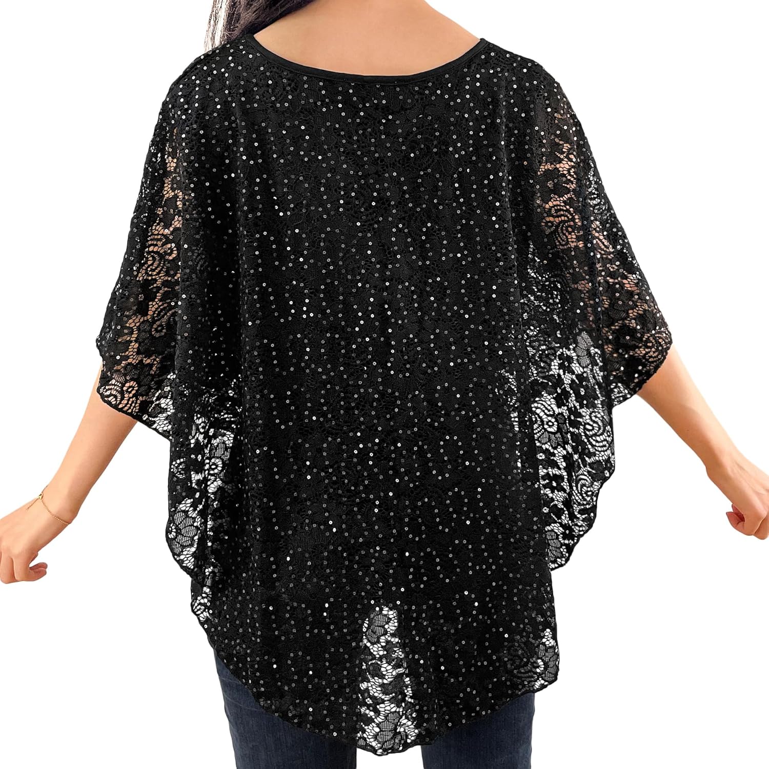 Brittany Black Women's V-Neck Embellished Overlay Knit Top Poncho - Image 2