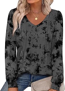 Blusas de manga larga con cuello en V y dobladillo curvado para mujer, estilo túnica, con diseños impresos, para otoño e invierno