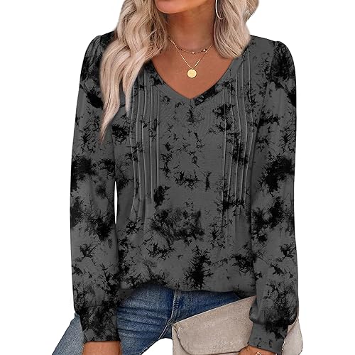 Alaroo Womens Long Sleeve Shirts Pleated V Neck Curved Hem Fall Winter Tunic Tops Blouses Print