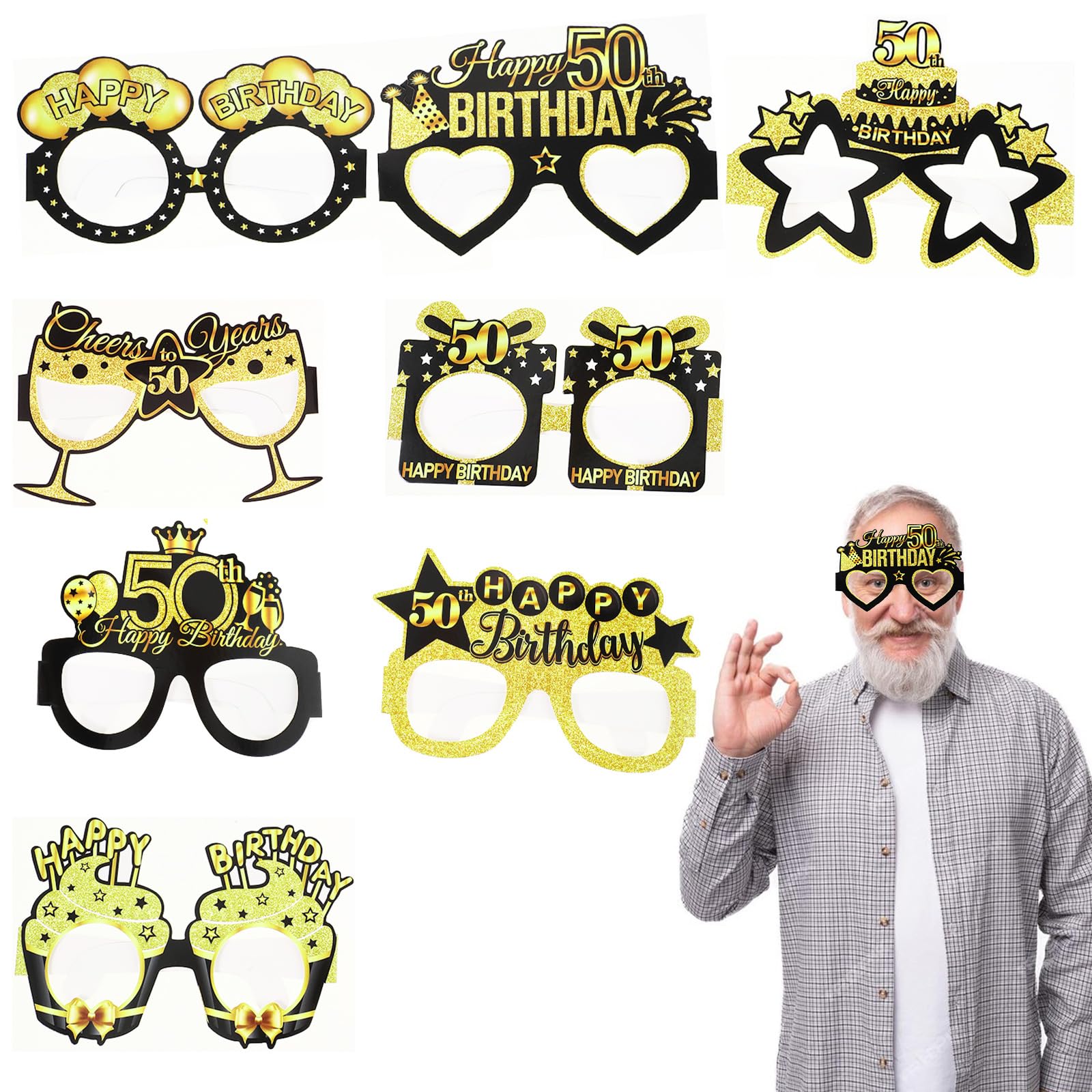 Apausvcm 8Pcs 50th Birthday Decorations, Birthday Glasses Birthday Party Paper Eyeglasses Decoration for Men Women Black Gold 50th Birthday Party Favors Happy Birthday Photo Booth Props Supplies