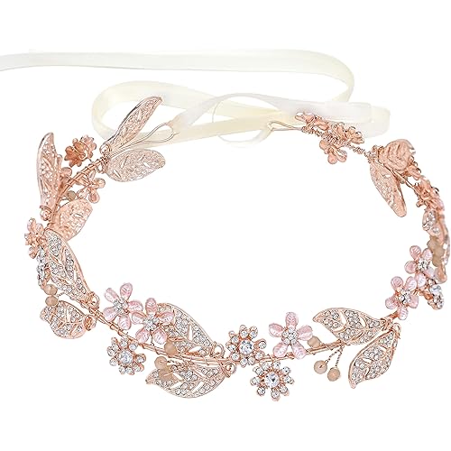 Rose Gold Wedding Headband Flower Leaves Design Hair Vine Bridal Headpiece Wedding Hair Accessories (Rose Gold)